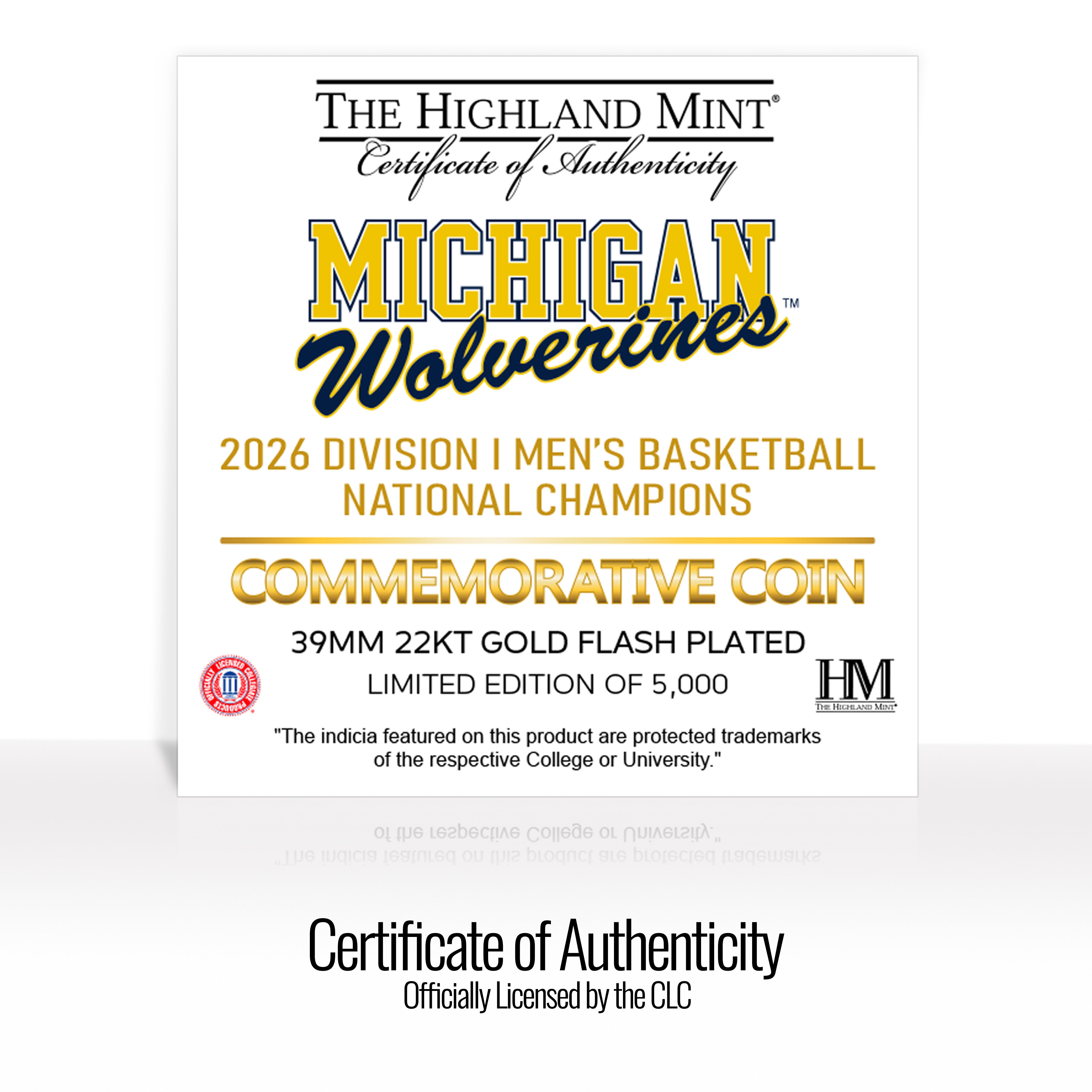 Michigan Wolverines 2026 NCAA Men’s Basketball Champions Gold Plated Coin