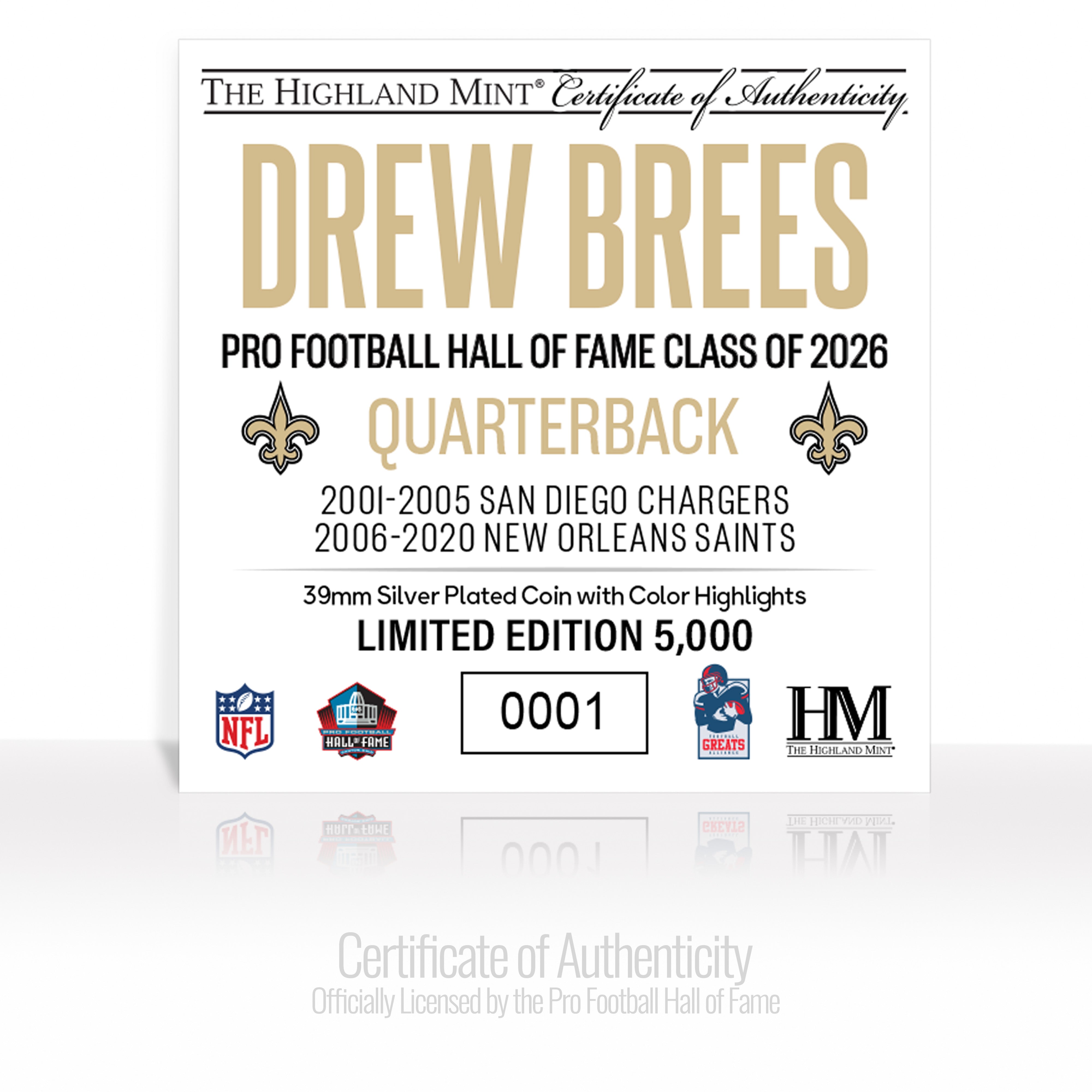 Drew Brees 2026 NFL Hall of Fame Induction Silver Plated Coin