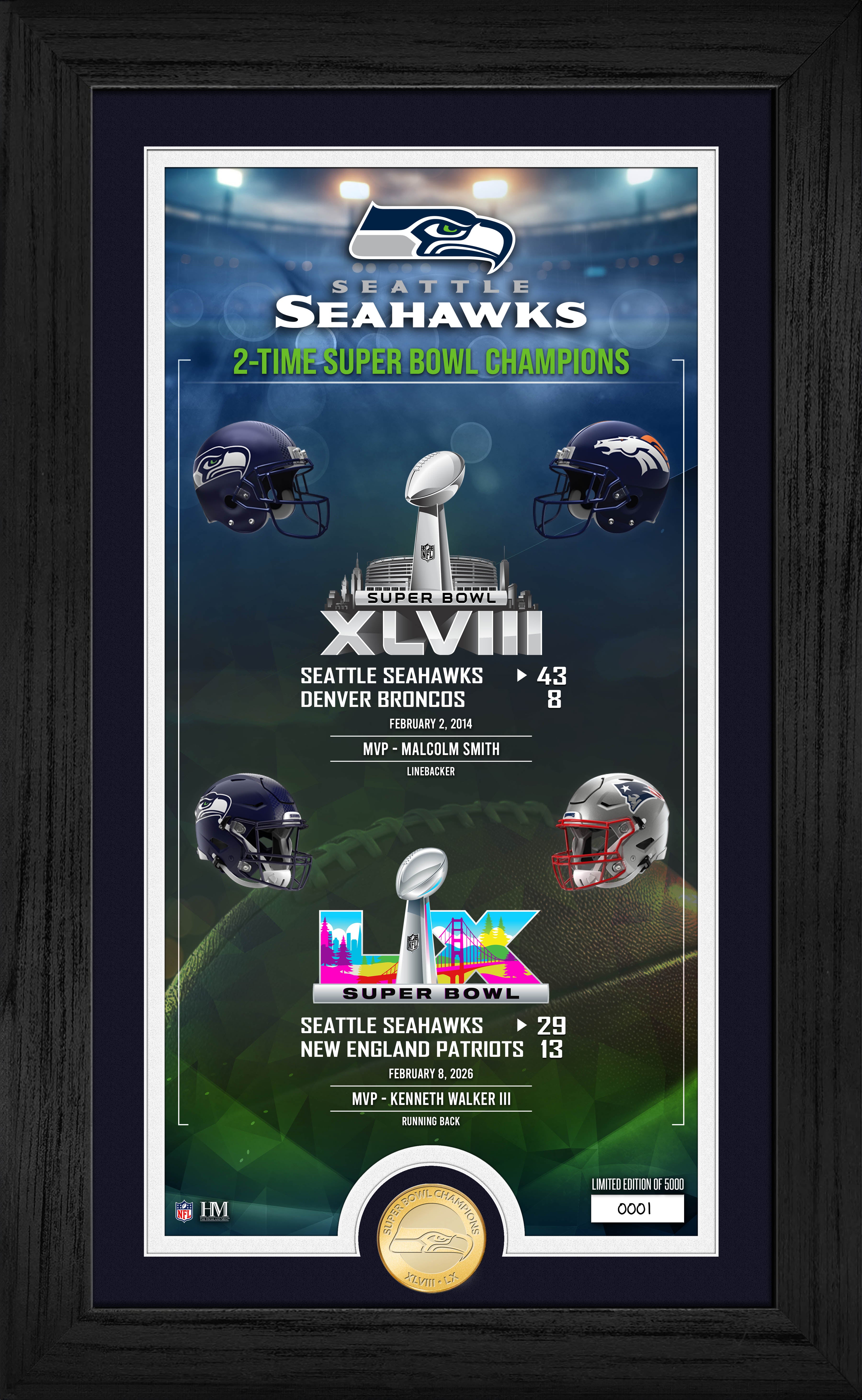 Seattle Seahawks 2-time Super Bowl Champions Legacy Bronze Coin Photo Mint