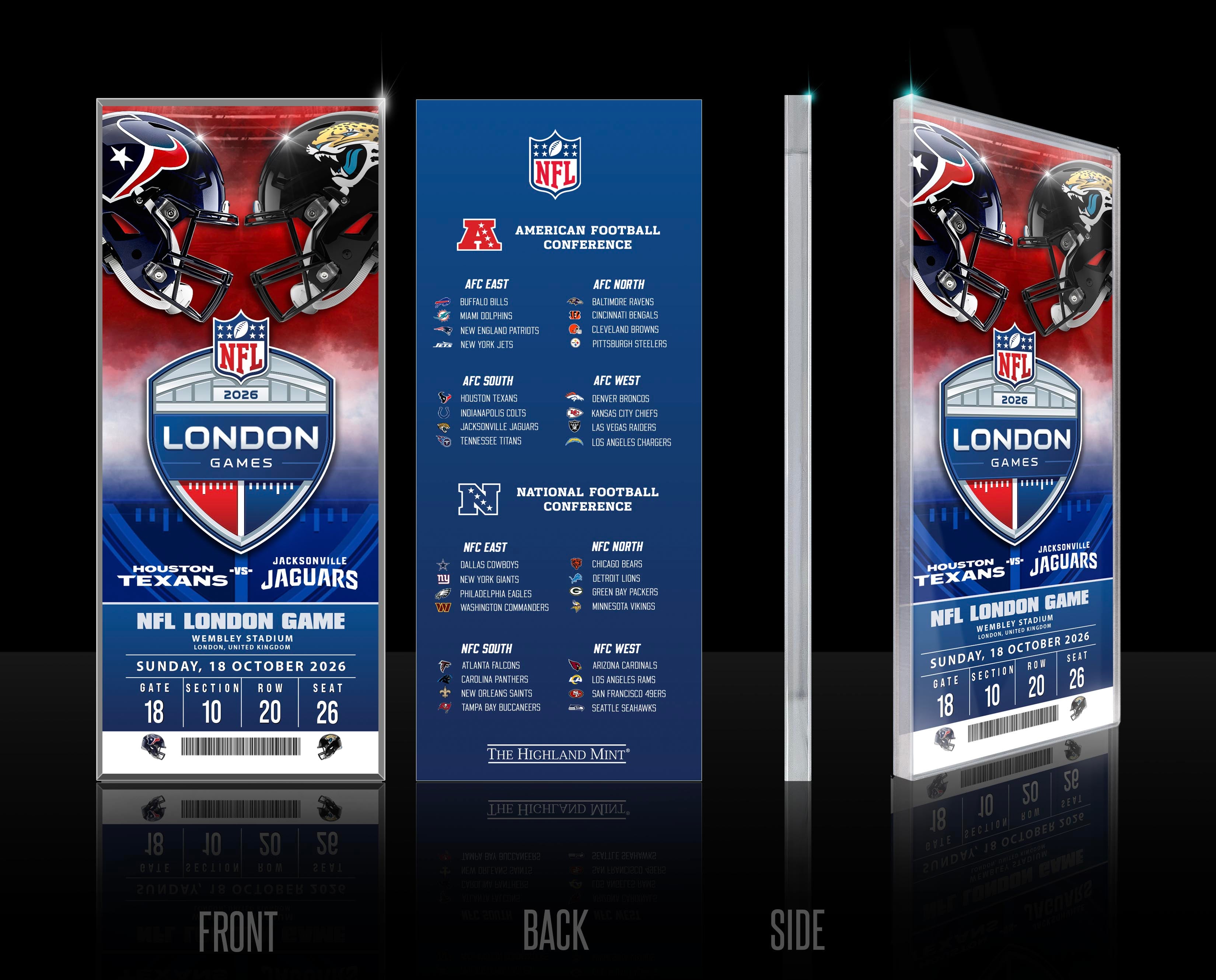 2026 NFL International Games Texans vs Jaguars London Acrylic Ticket