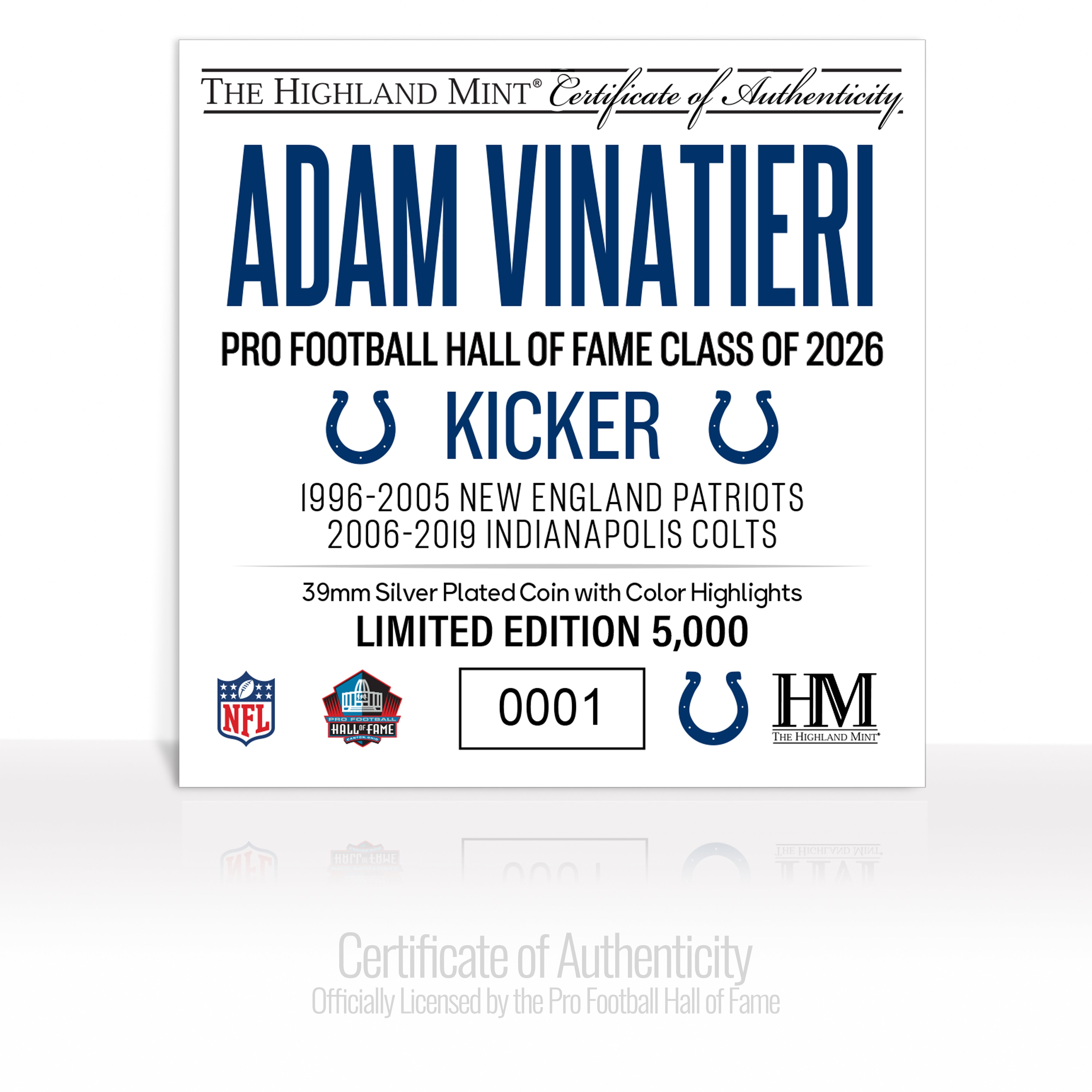 Adam Vinatieri Colts 2026 NFL Hall of Fame Induction Silver Plated Coin