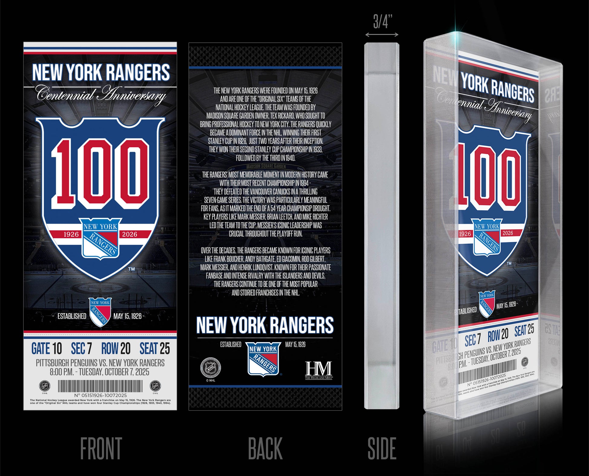 New York Rangers 100th Anniversary 3D Acrylic BlocKart