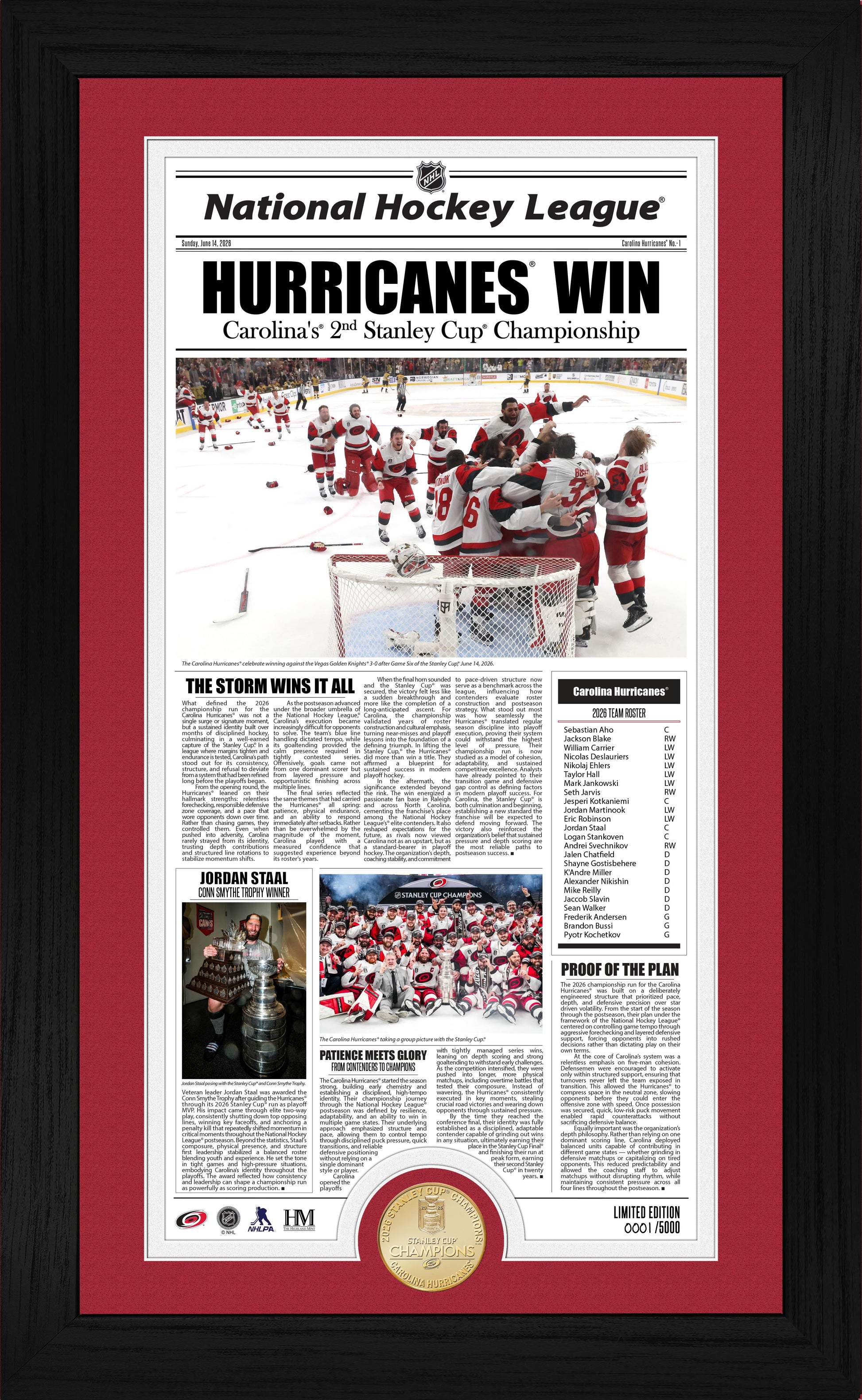Carolina Hurricanes 2026 Stanley Cup Champions Front Page News Bronze Coin Photo Mint