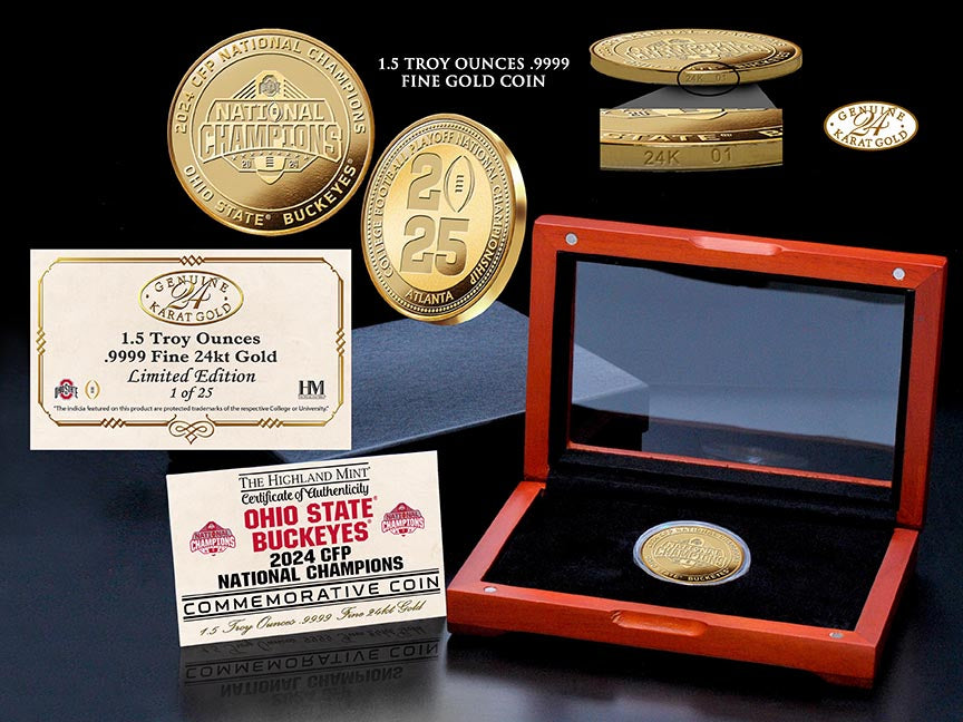 Ohio State Buckeyes 2024 CFP National Champions 1.5 T.O..9999 Fine 24kt Gold Coin - Coins