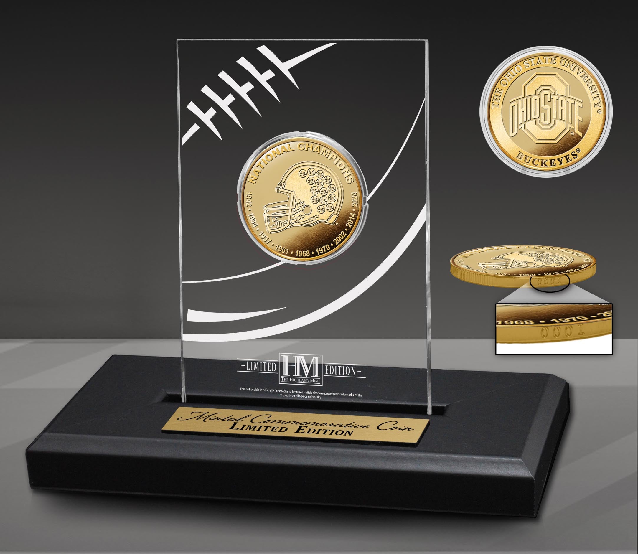 Ohio State Buckeyes 9 Time National Champions Gold Coin in Acrylic Display