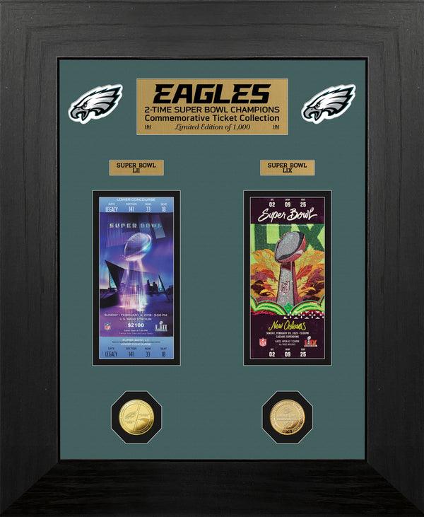 Philadelphia Eagles Deluxe Super Bowl Ticket Collection Gold Coin Photo Mint - Framed