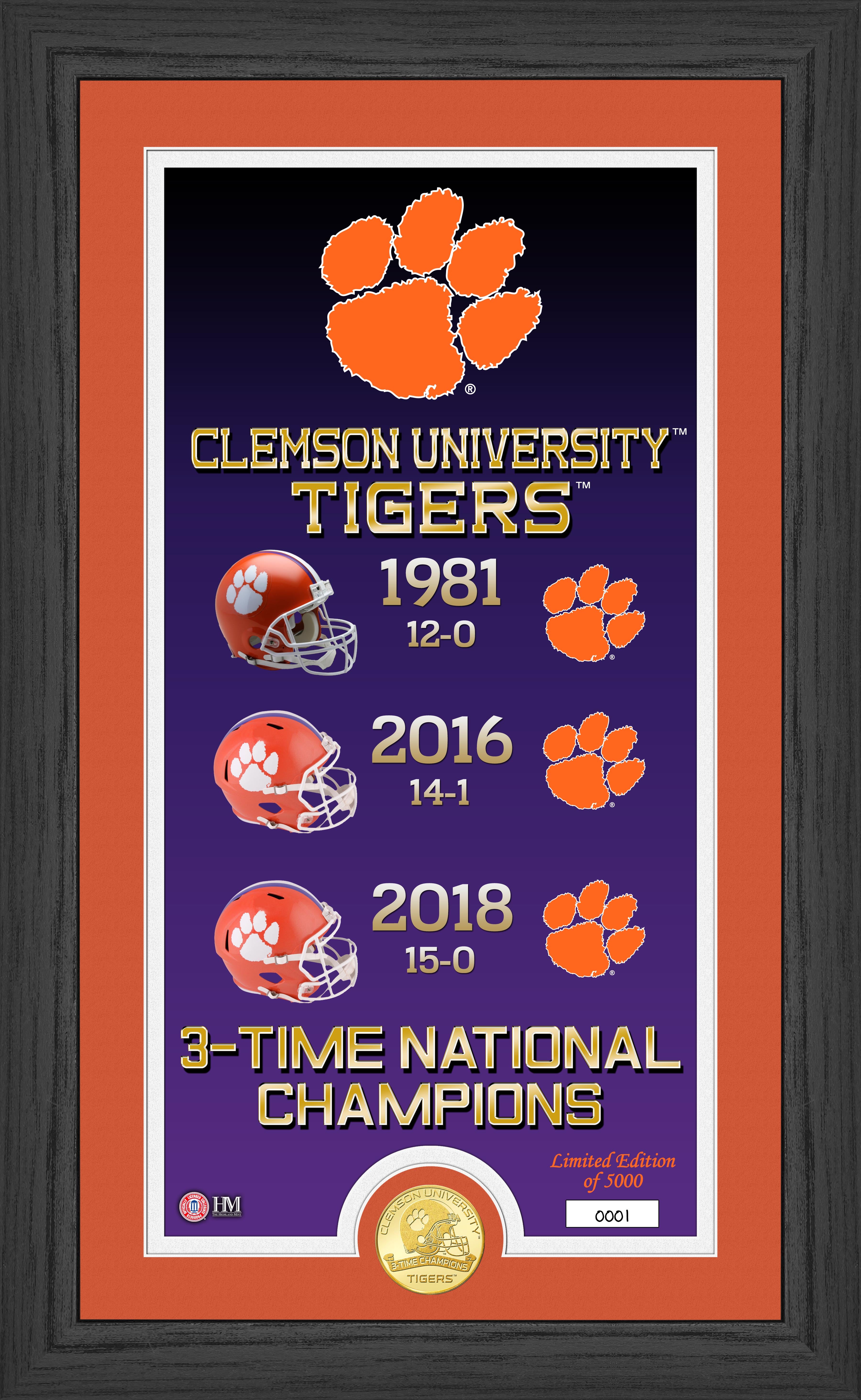 Clemson University Tigers 3-time National Champions Legacy Bronze Coin Pano Photo Mint