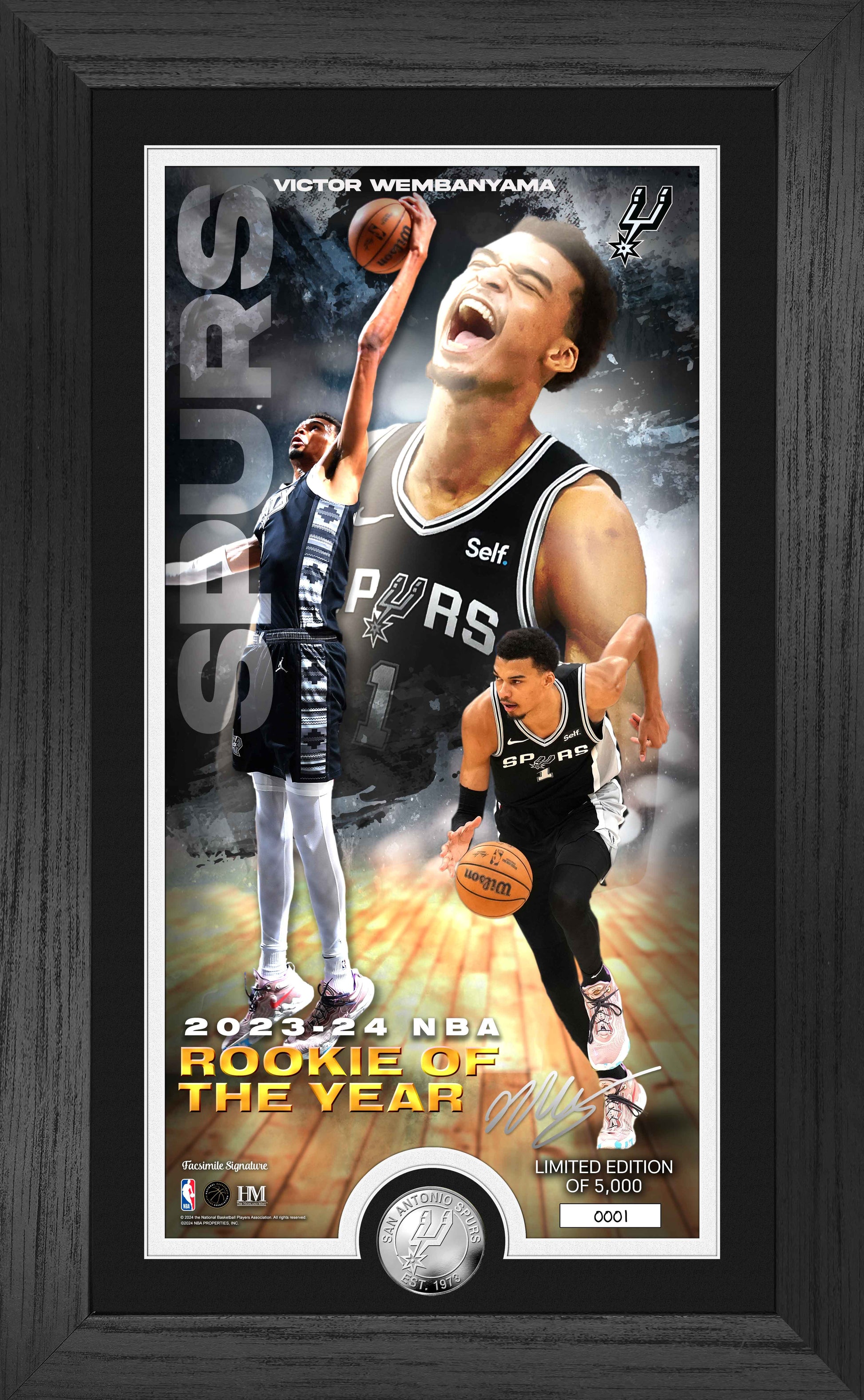 Victor Wembanyama 2024 NBA Rookie of the Year Silver Coin Photo Mint - Framed