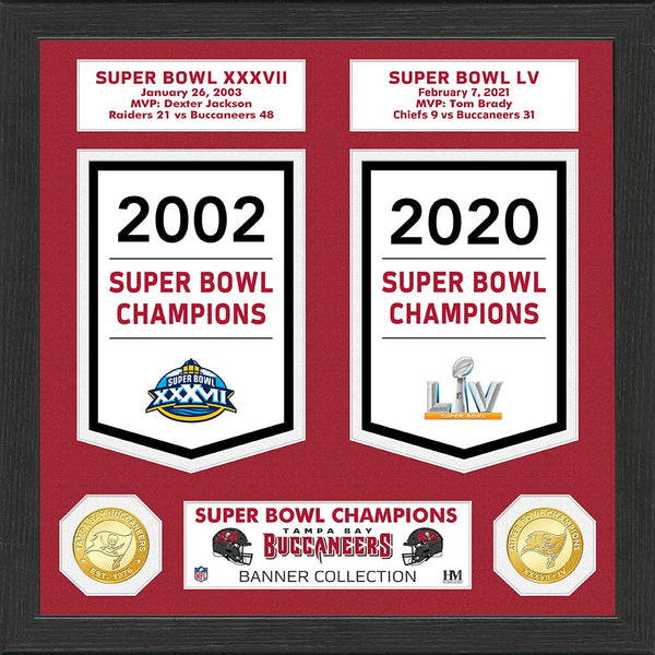 Tampa Bay Buccaneers 2x Super Bowl Champ Banner and Coin Collection Photo Mint - Framed