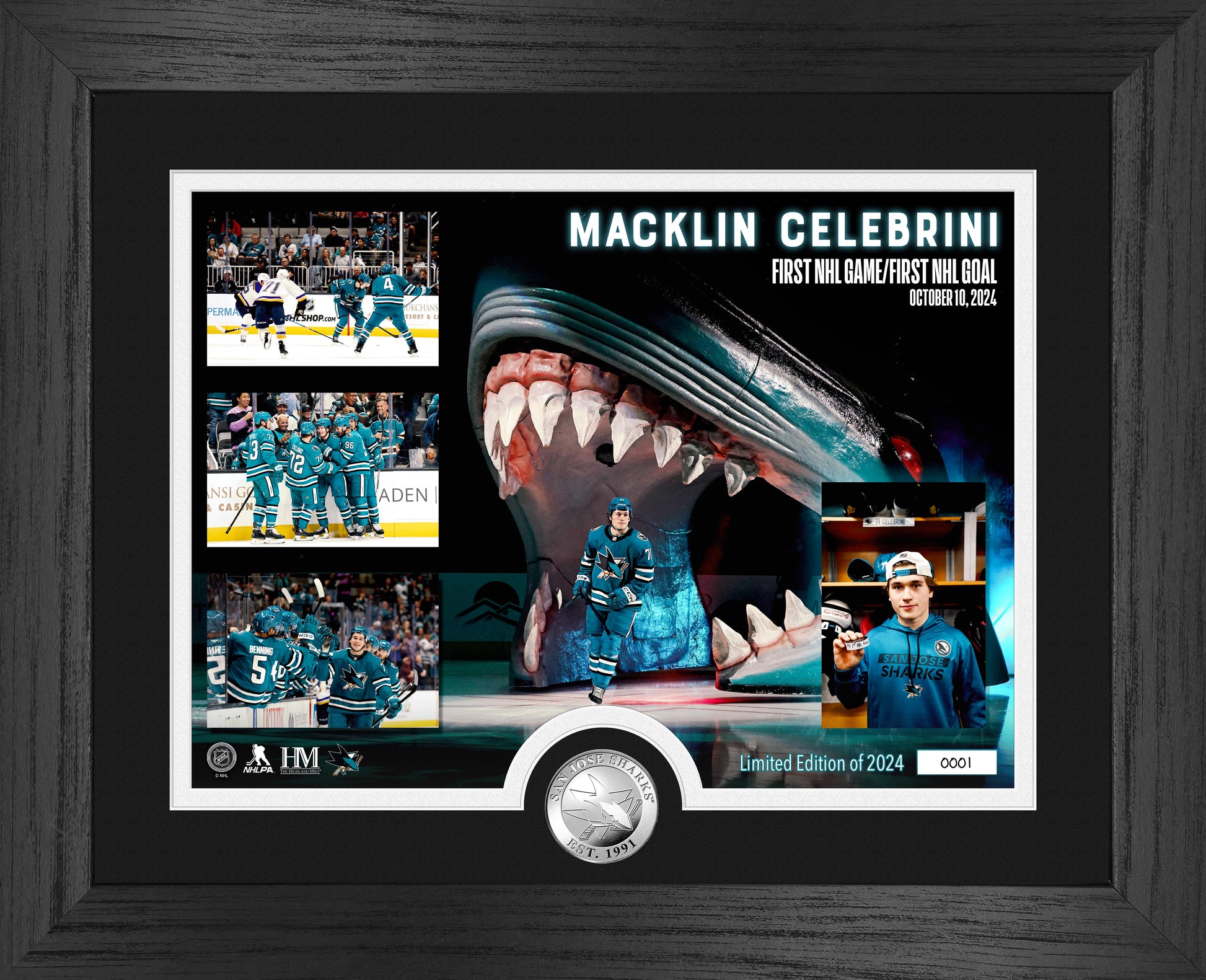 Macklin Celibrini First Game First Goal Silver Coin Photo Mint - Framed
