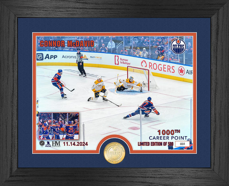 Edmonton Oilers Connor McDavid 1000th Career Point Bronze Coin Photo Mint - Framed