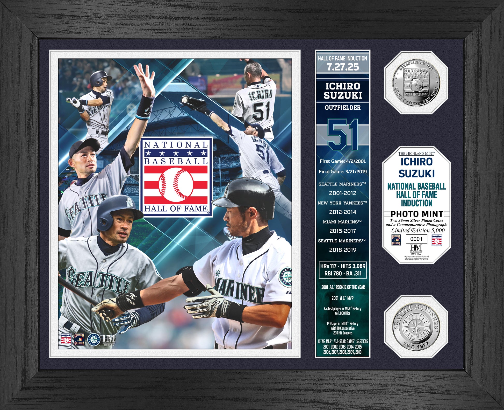 Ichiro Suzuki Hall of Fame Induction Silver Coin Banner Photo Mint - Framed