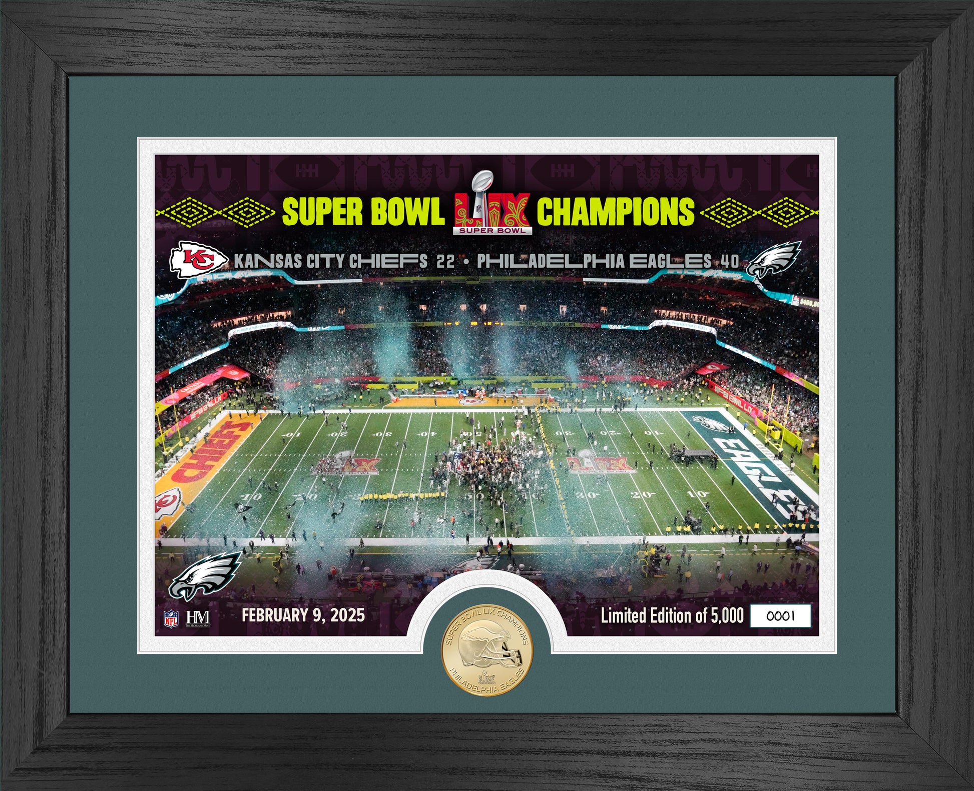 Philadelphia Eagles Super Bowl LIX Champions Celebration Bronze Coin Photo Mint - Framed