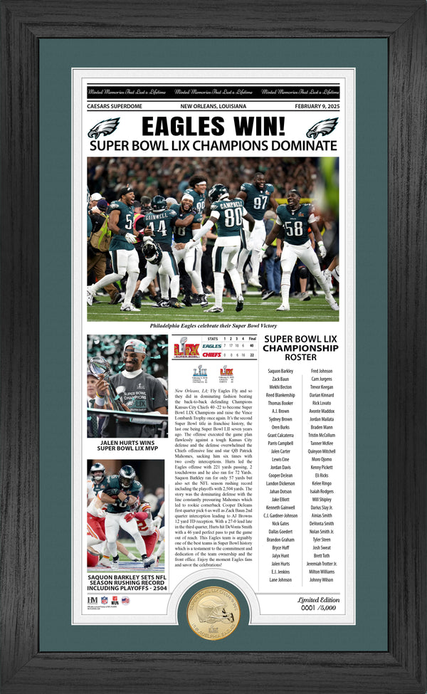 Philadelphia Eagles Super Bowl LIX Champions Front Page Cover Bronze Coin Photo Mint - Framed