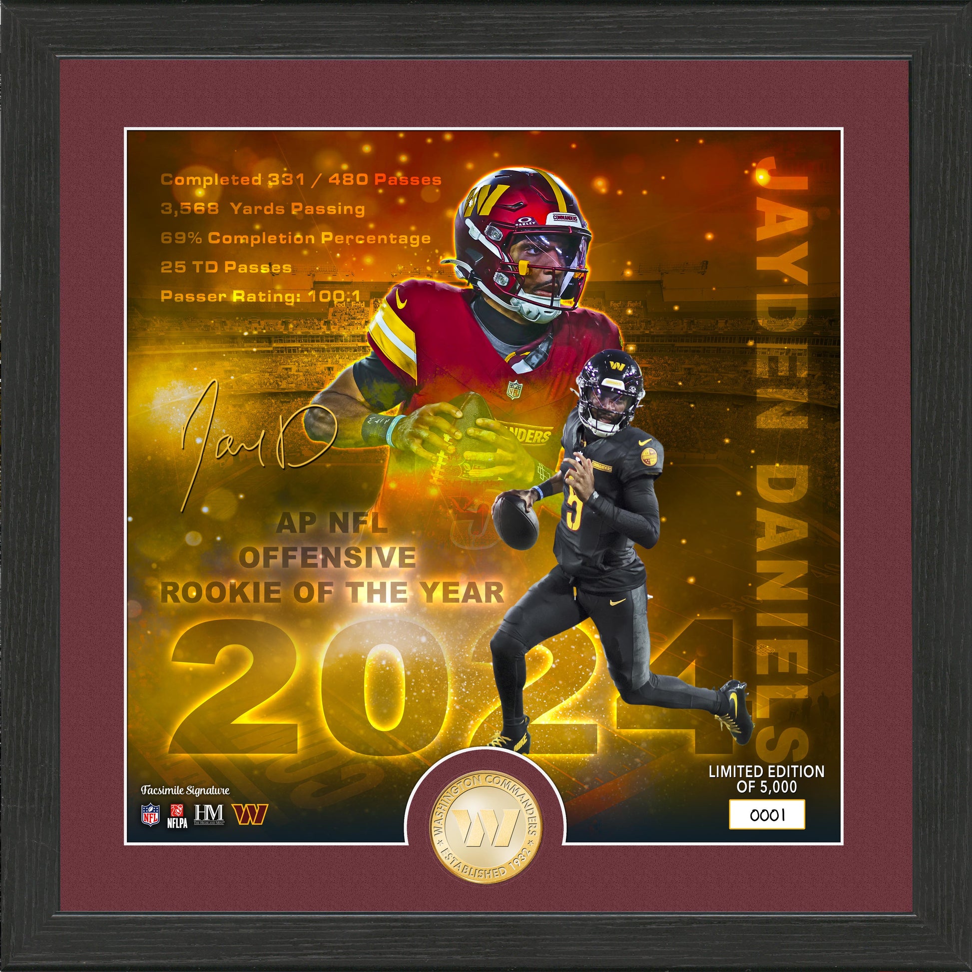 Jayden Daniels 2024 NFL Rookie of the Year Bronze Coin Photo Mint - Framed