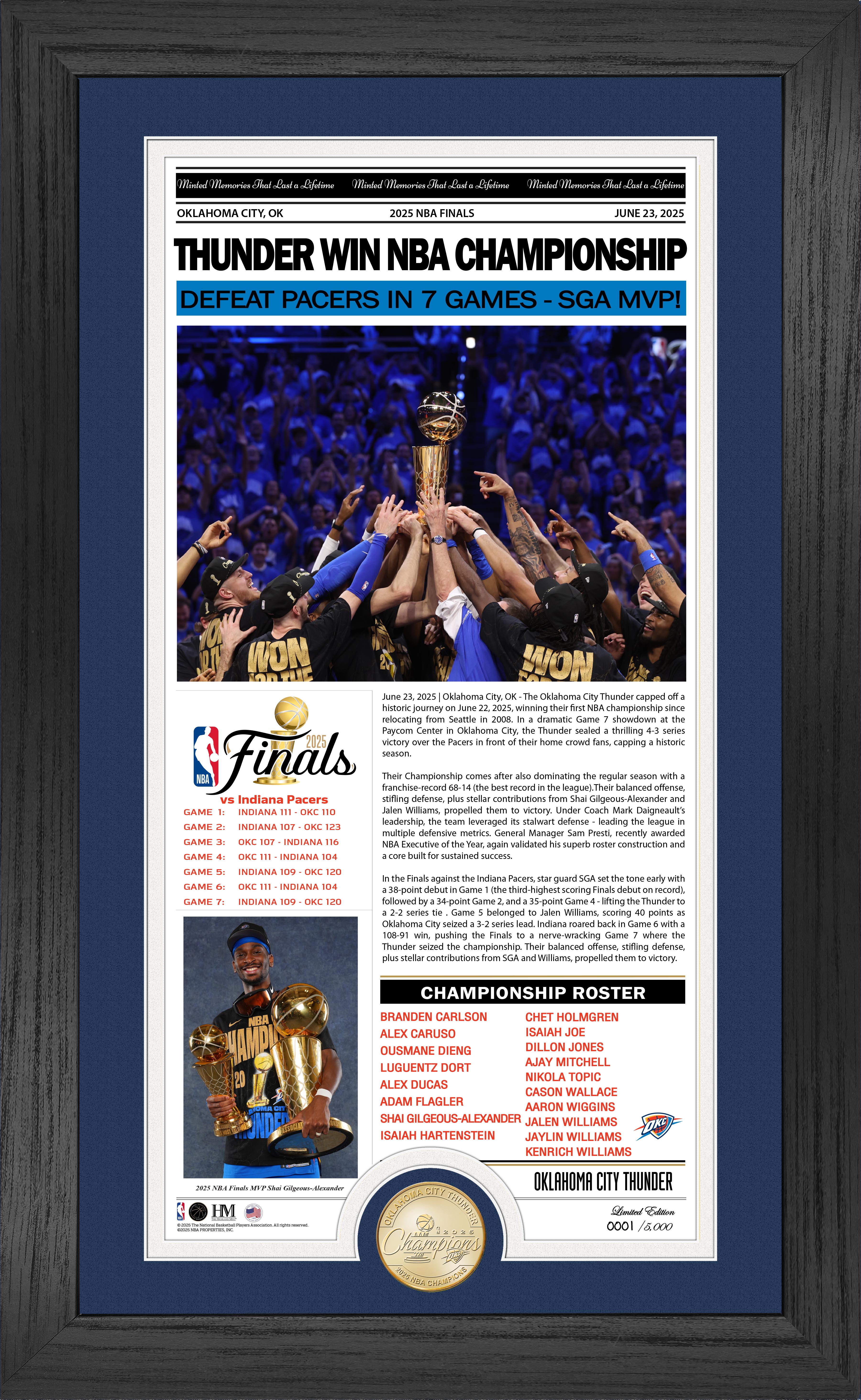Oklahoma City Thunder 2025 NBA Champions Front Page News Cover Bronze Coin Photo Mint