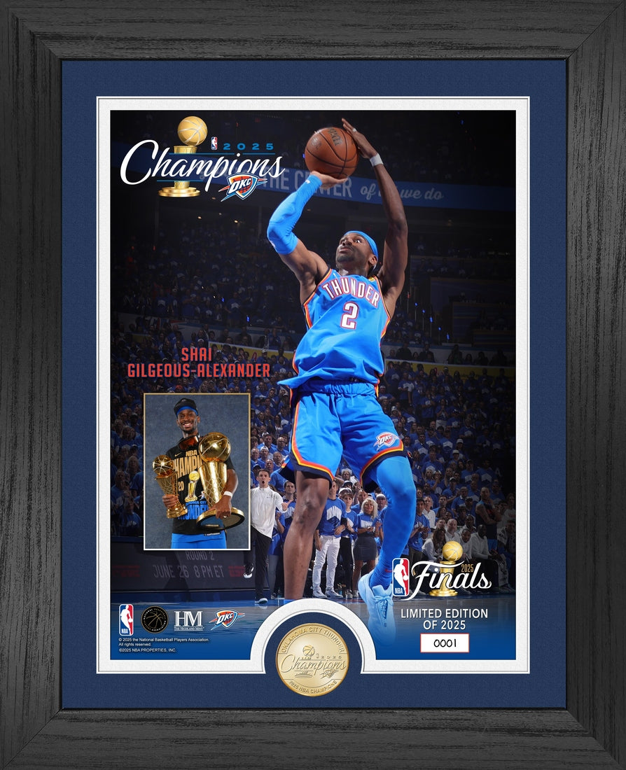 Shai Gilgeous-Alexander 2025 NBA Champs Trophy Raising Bronze Photo Mint