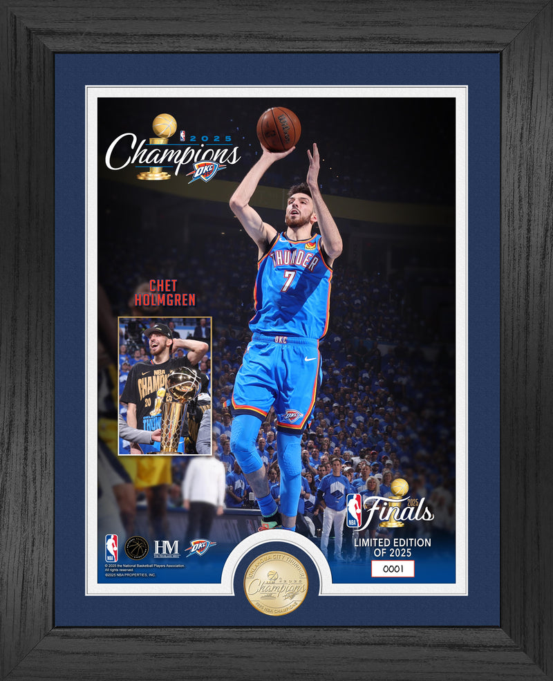 Chet Holmgren 2025 NBA Champs Trophy Raising Bronze Photo Mint

