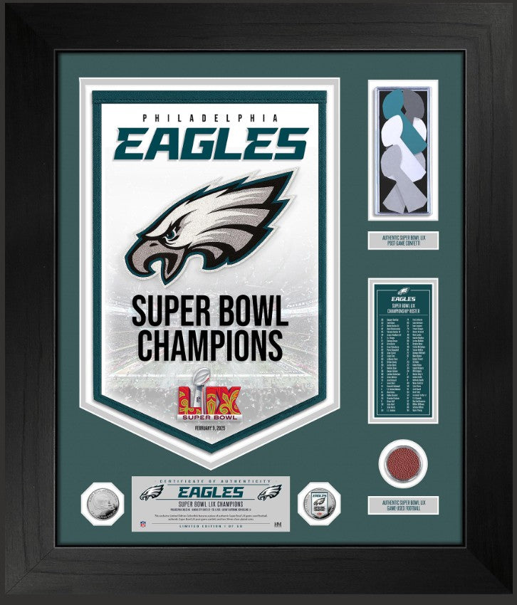 Eagles Super Bowl LIX Game Used Football and Confetti Championship Banner SE