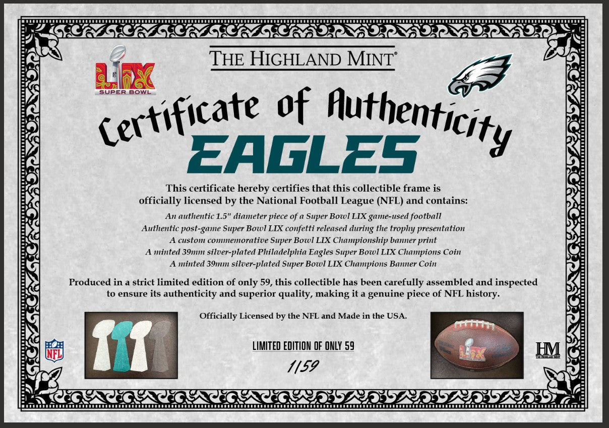 Eagles Super Bowl LIX Game Used Football and Confetti Championship Banner SE