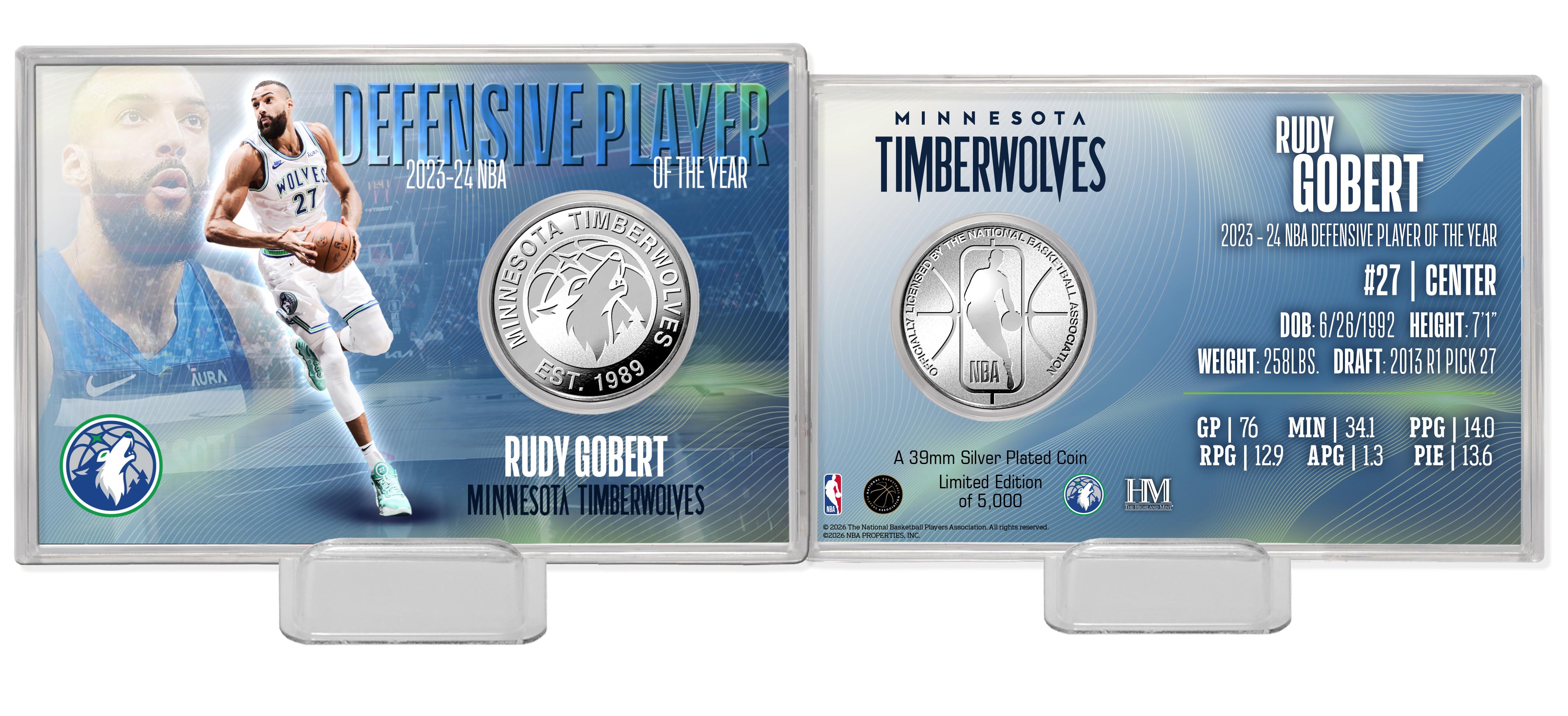 Rudy Gobert 2024 NBA Defensive Player of the Year Silver Coin Card - Acrylic