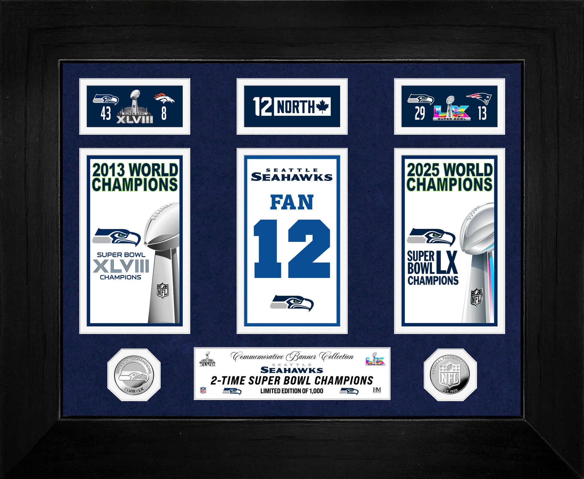 Seattle Seahawks Super Bowl Deluxe Champions Banner Collection Silver Coin Photo Mint