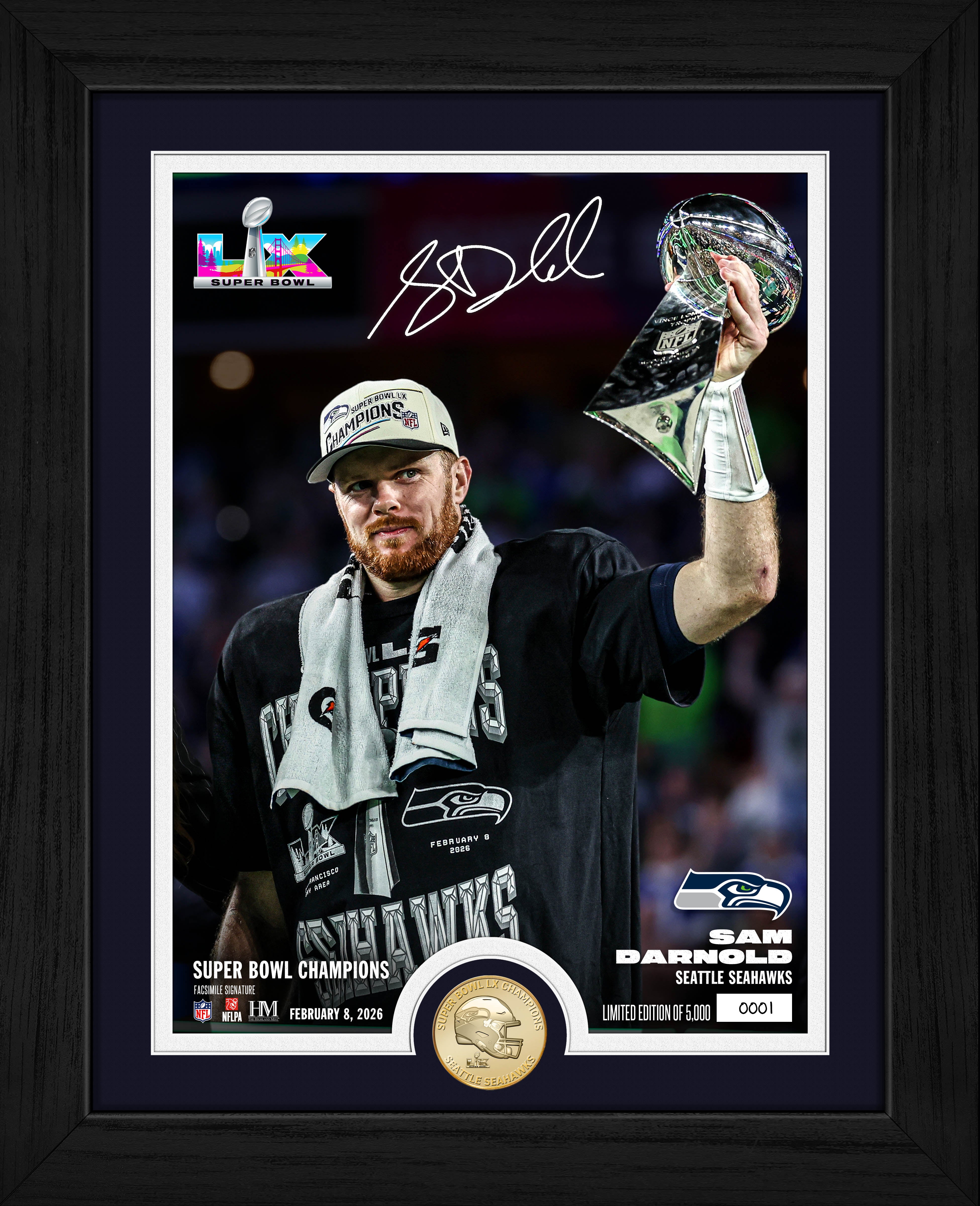 【額装済・即飾れる】ライアン・マッギンレー Sam at Ground Zero Sam Darnold Super Bowl LX Lombardi Trophy Bronze Coin Photo Mint
