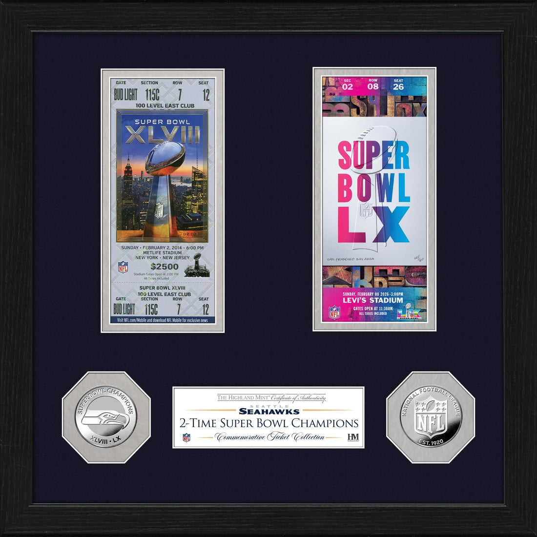 Seattle Seahawks 2-Time Super Bowl Champions Ticket Collection Photo Mint