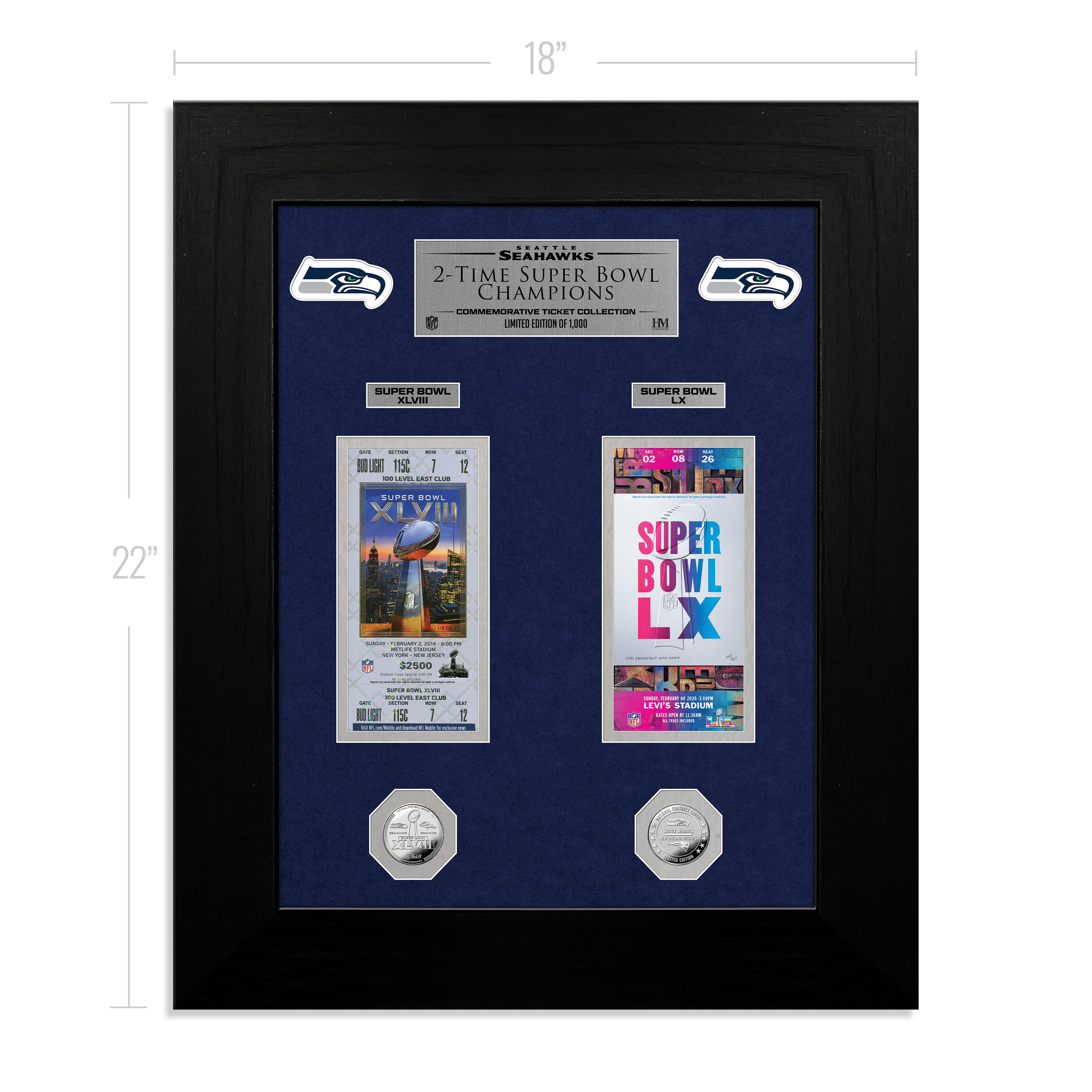 Seattle Seahawks Deluxe 2-Time Super Bowl Champions Ticket Collection Silver Coin Photo Mint