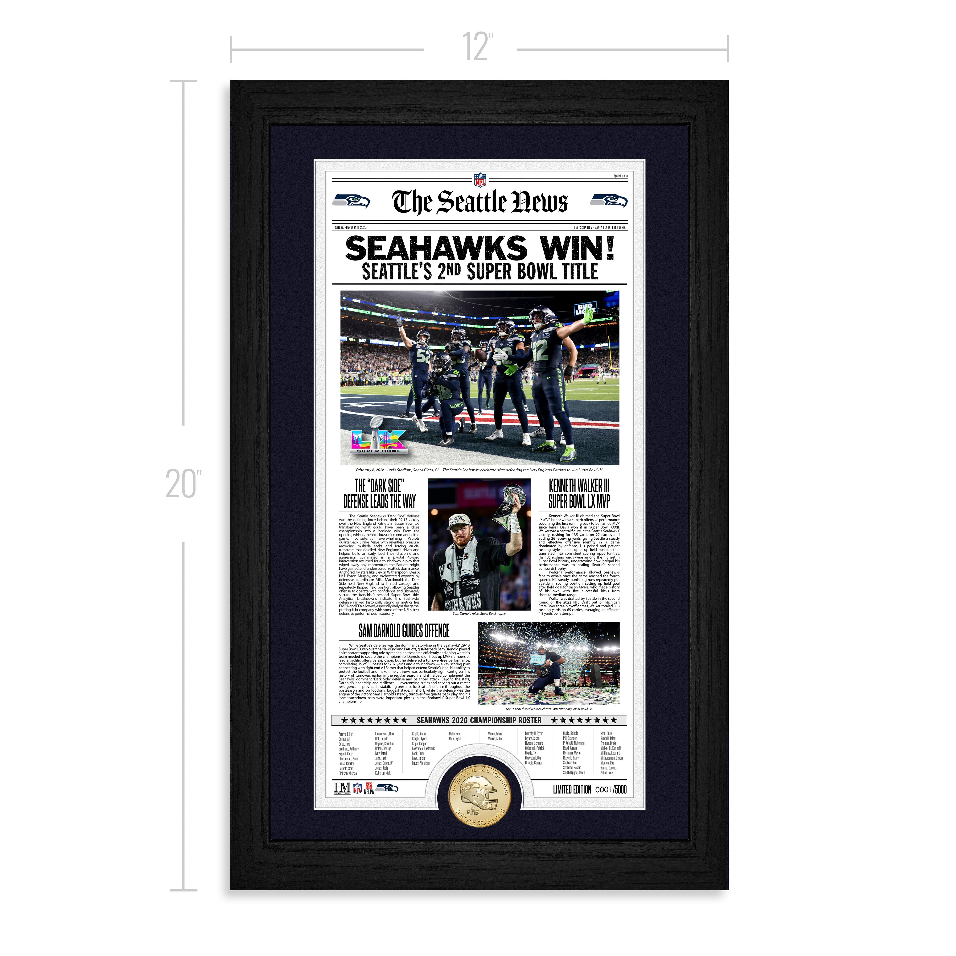 Seattle Seahawks Super Bowl LX Champions Front Page News Bronze Coin Photo Mint