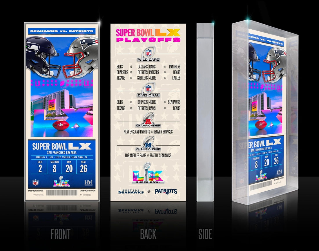 New England Patriots vs. Seattle Seahawks Super Bowl LX Ticket Acrylic 3D Block
