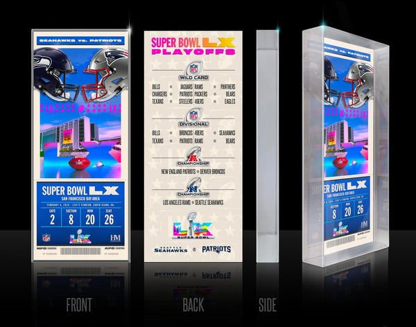 New England Patriots vs. Seattle Seahawks Super Bowl LX Ticket Acrylic 3D Block