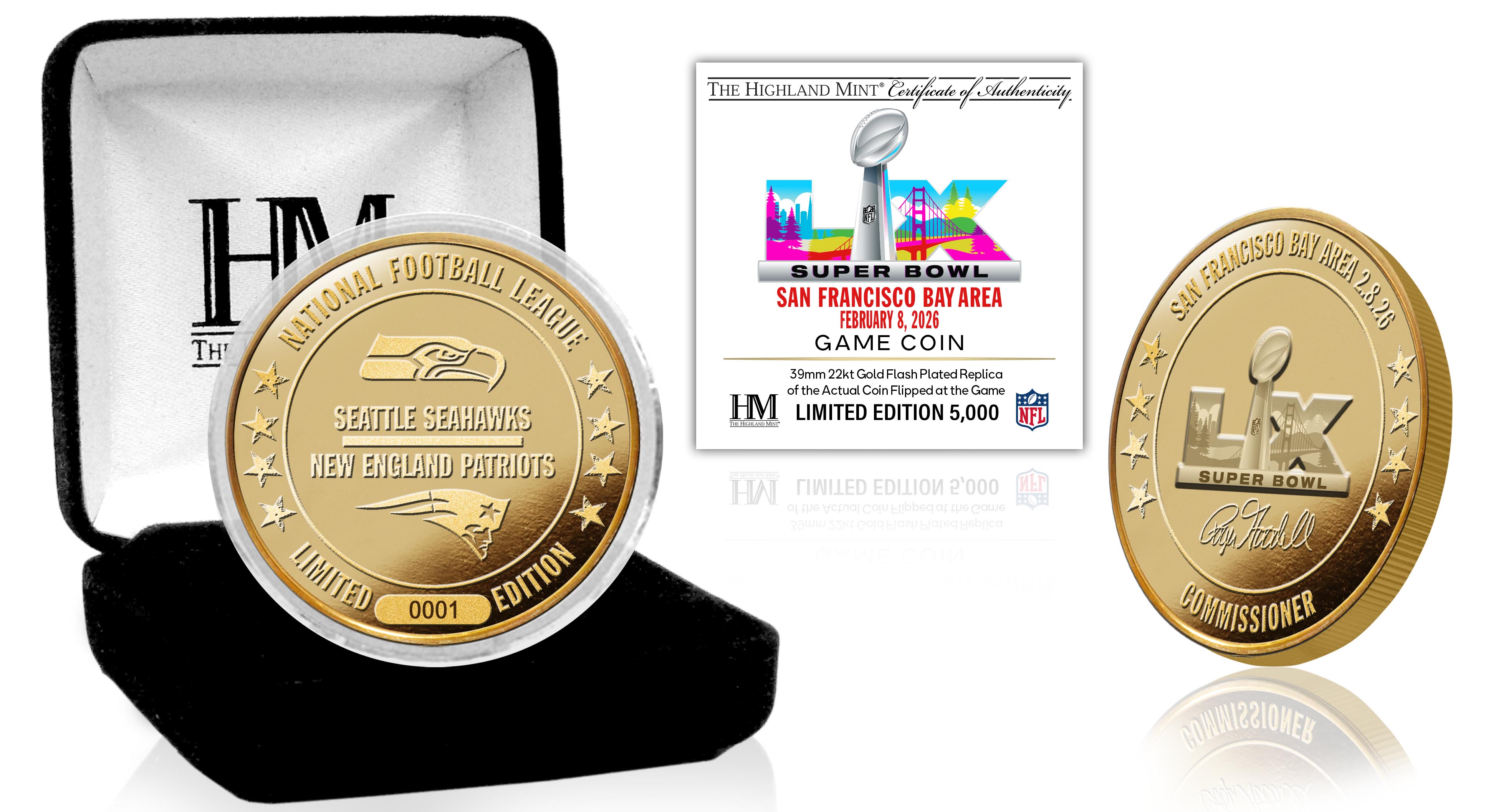 New England Patriots vs. Seattle Seahawks Super Bowl LX Gold Plated Flip Coin