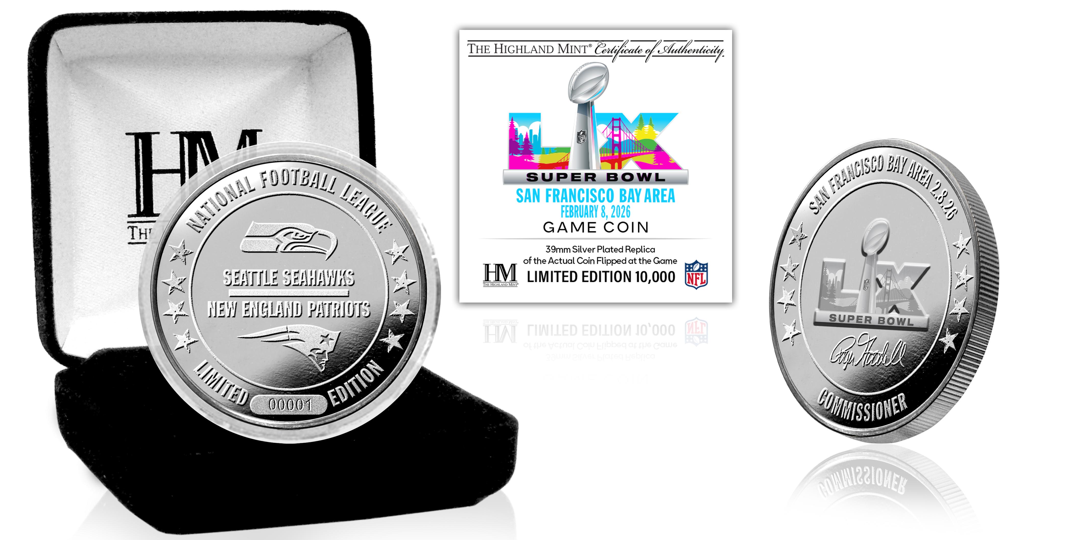 New England Patriots vs. Seattle Seahawks Super Bowl LX Silver Plated Flip Coin