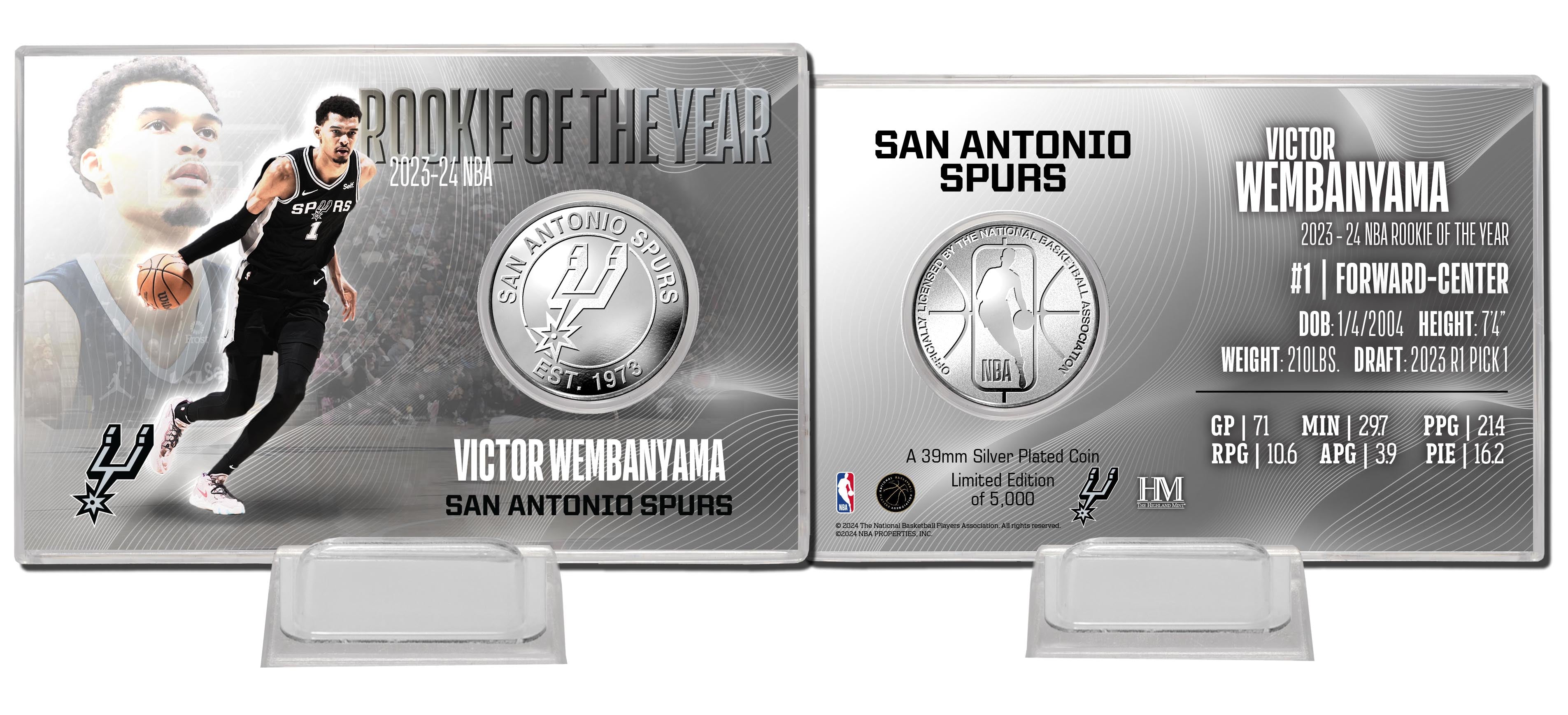 Victor Wembanyama 2024 NBA Rookie of the Year Silver Coin Card
