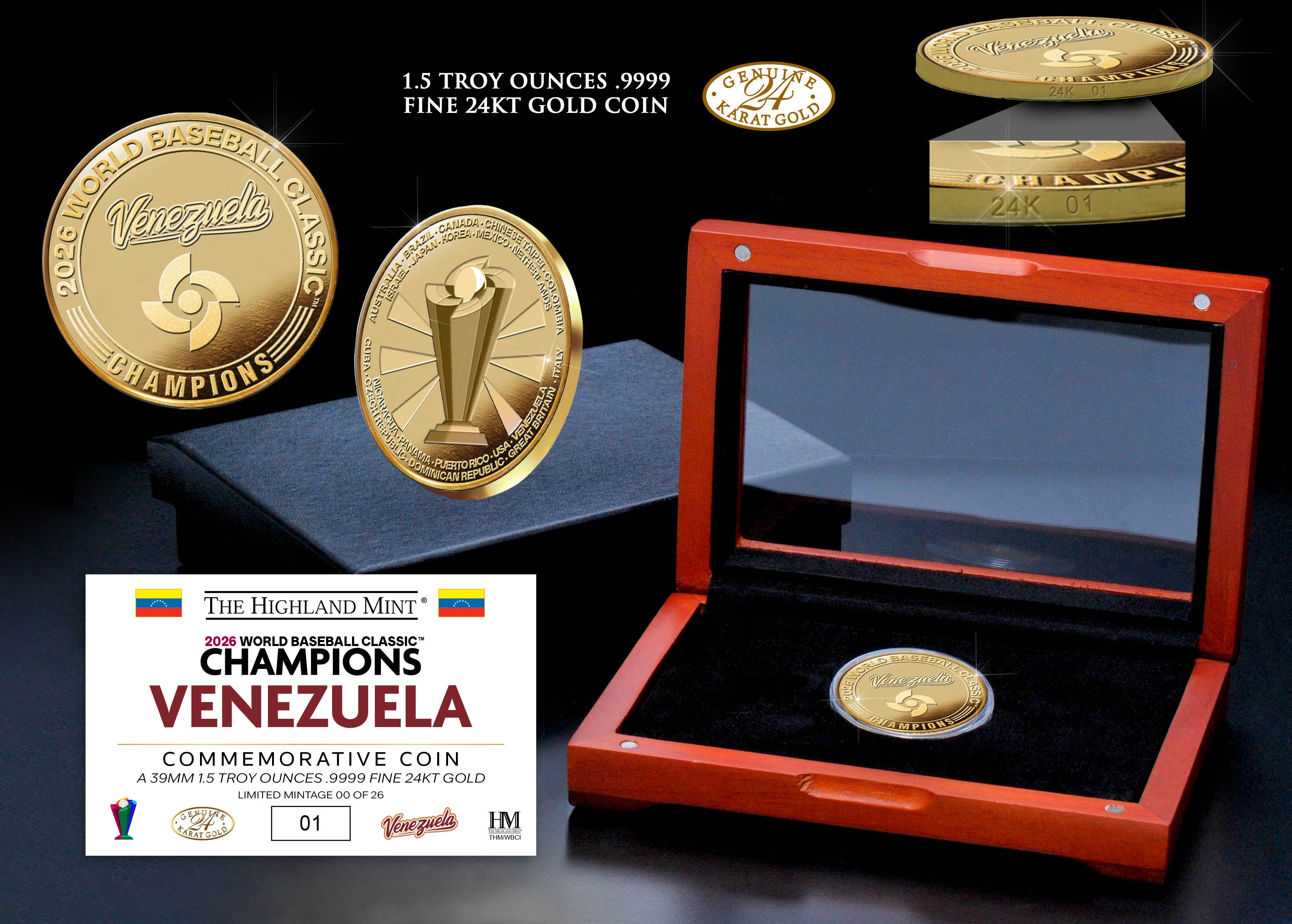 VENEZUELA WORLD BASEBALL CLASSIC 2026 CHAMPIONS 1.5 OZ .9999 PURE GOLD COIN