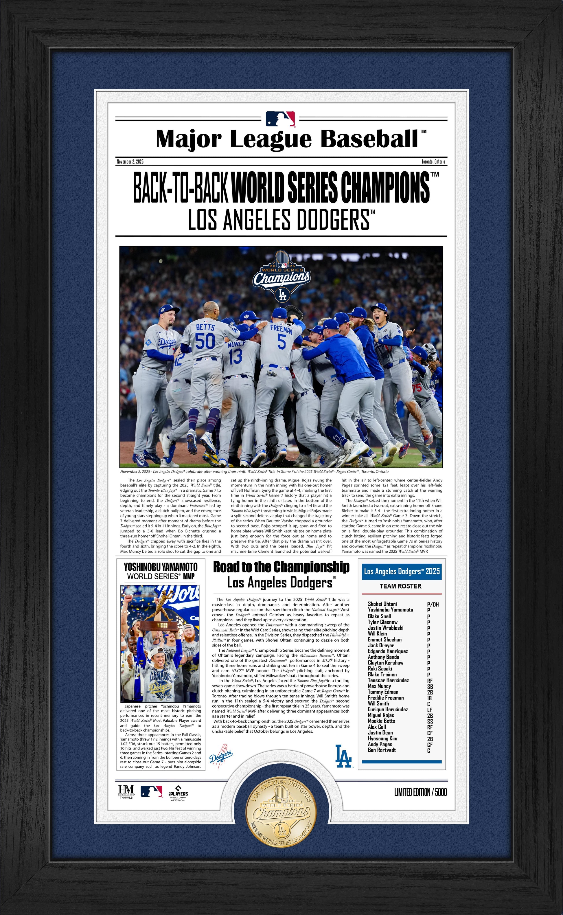 Los Angeles Dodgers 2025 World Series Champions Front Page News Cover Bronze Coin Photo Mint - Framed