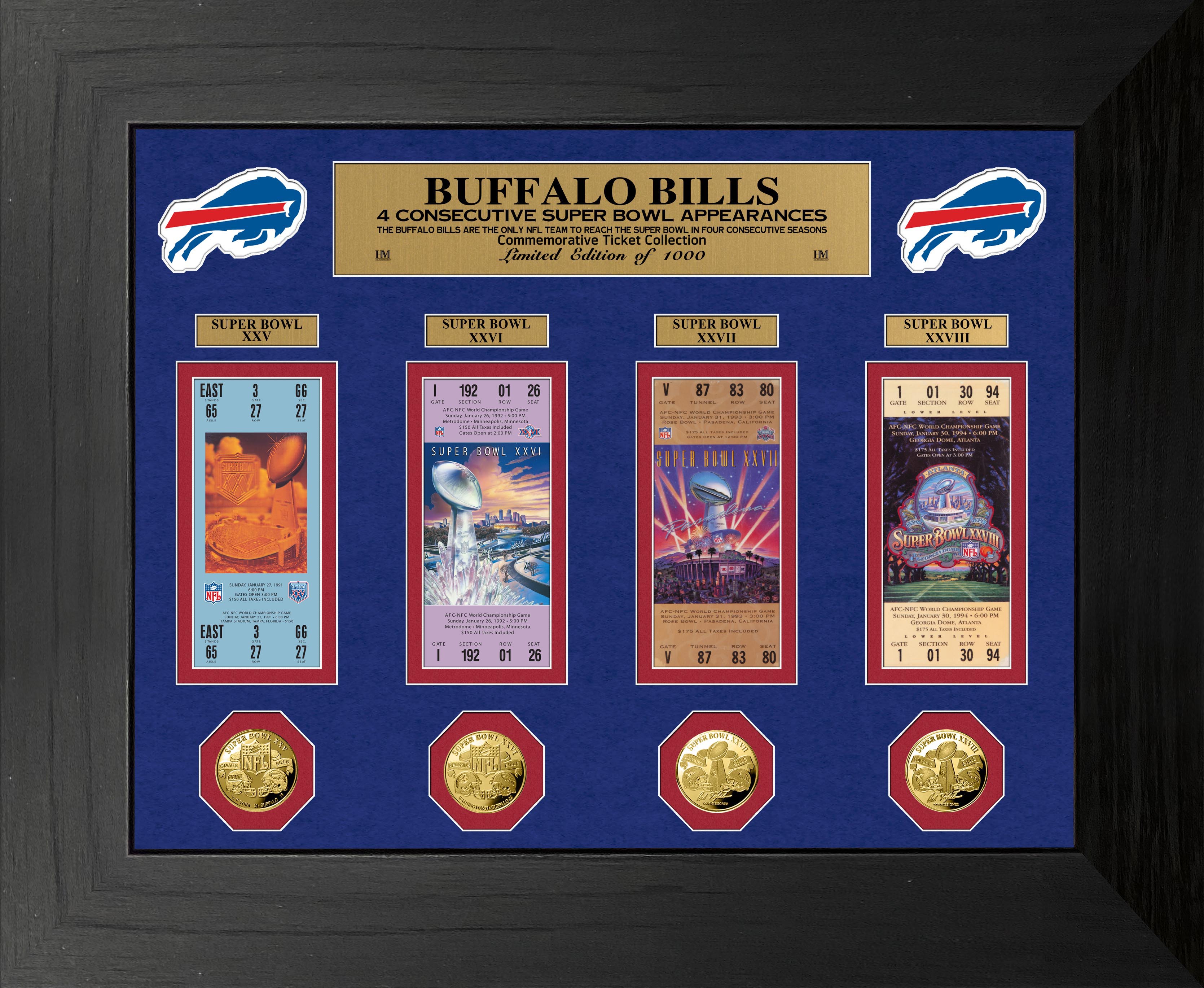 Buffalo Bills 4 Consecutive Super Bowl Appearances Deluxe Ticket & Game Coin Collection