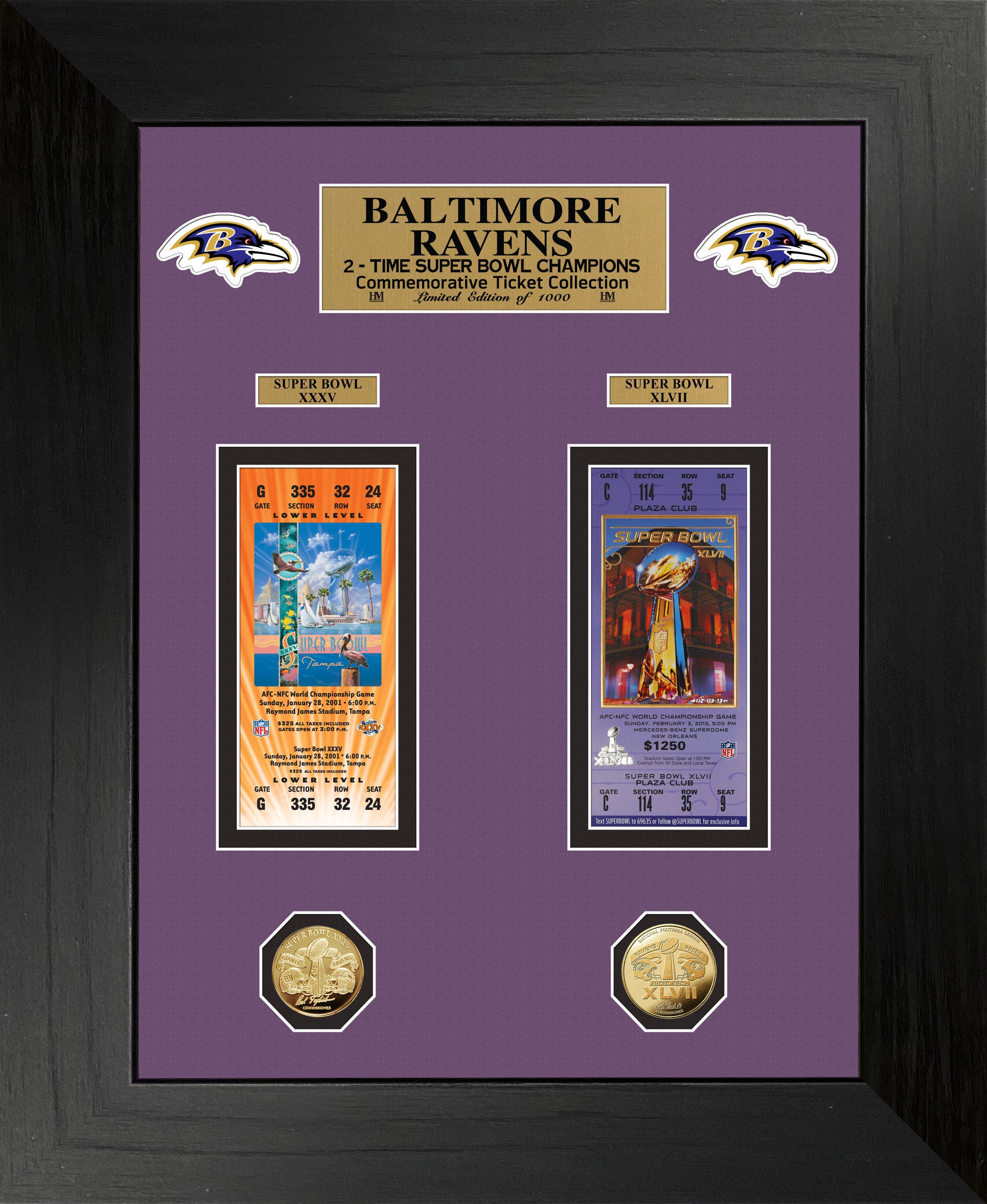 Baltimore Ravens Super Bowl Ticket and Game Coin Collection Framed