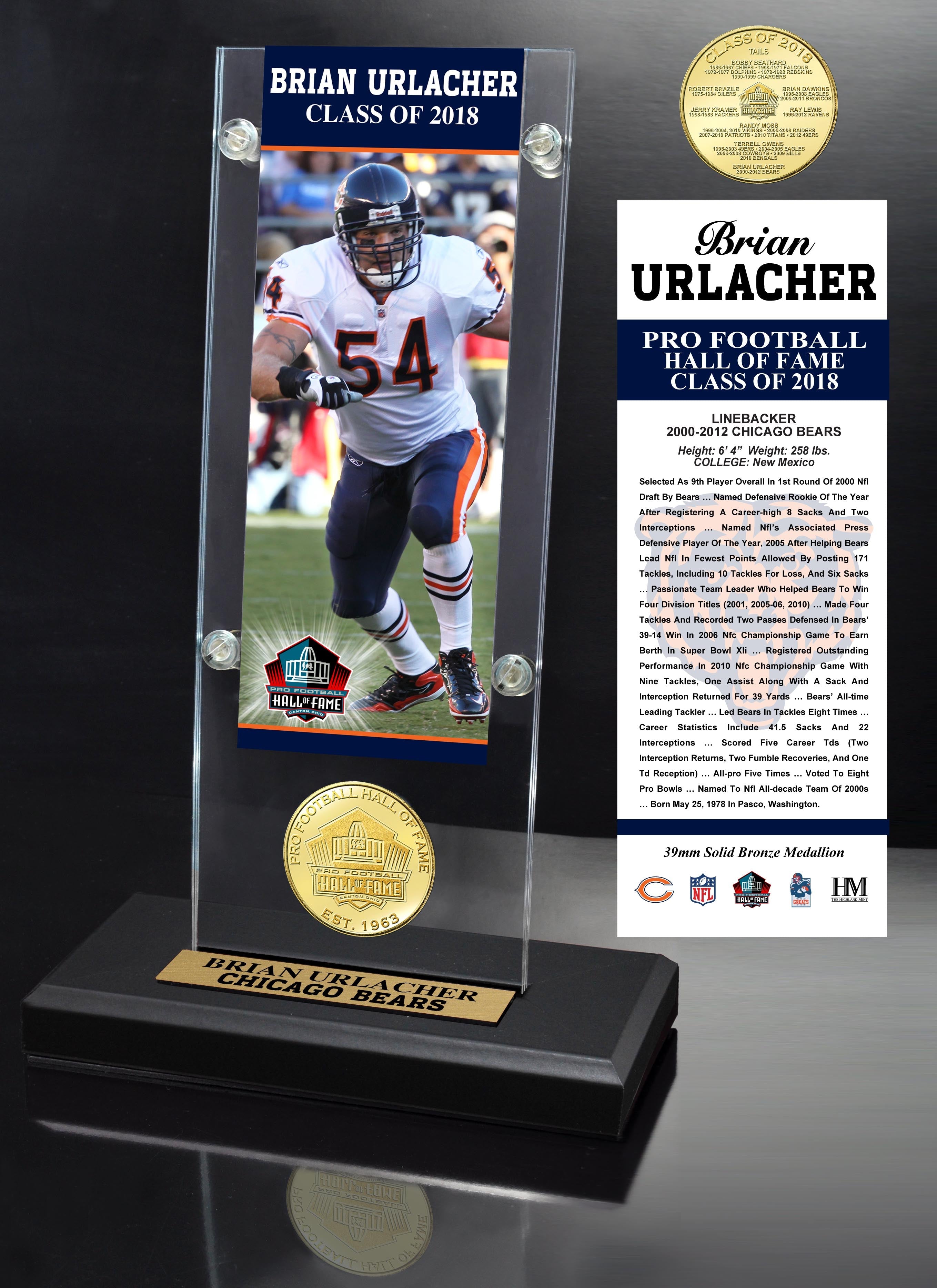 Brian Urlacher 2018 Pro Football HOF Induction Ticket & Bronze Coin Acrylic Desk Top