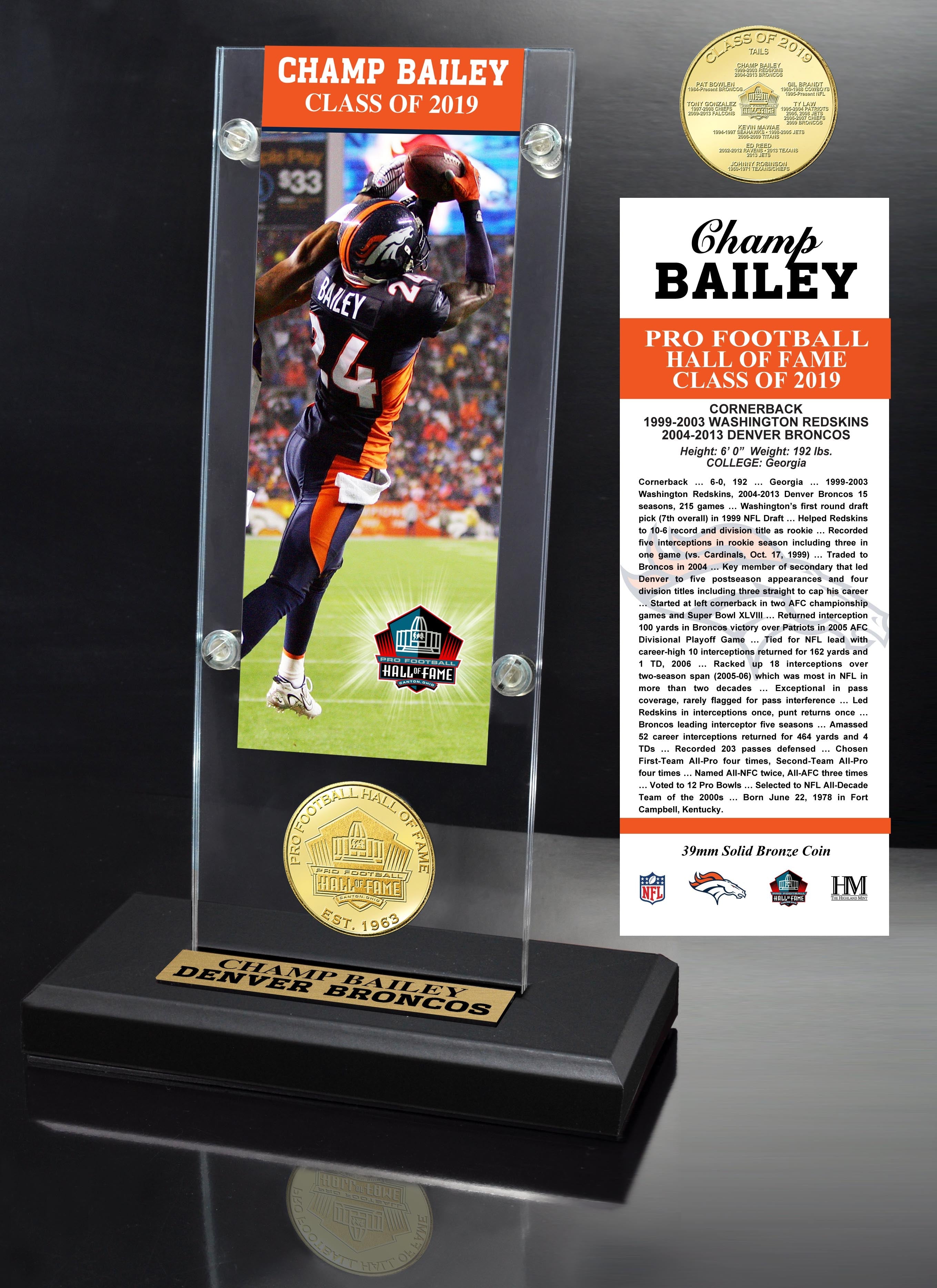 Champ Bailey Hall of Fame 2019 Bronze Coin Acrylic Desk Top