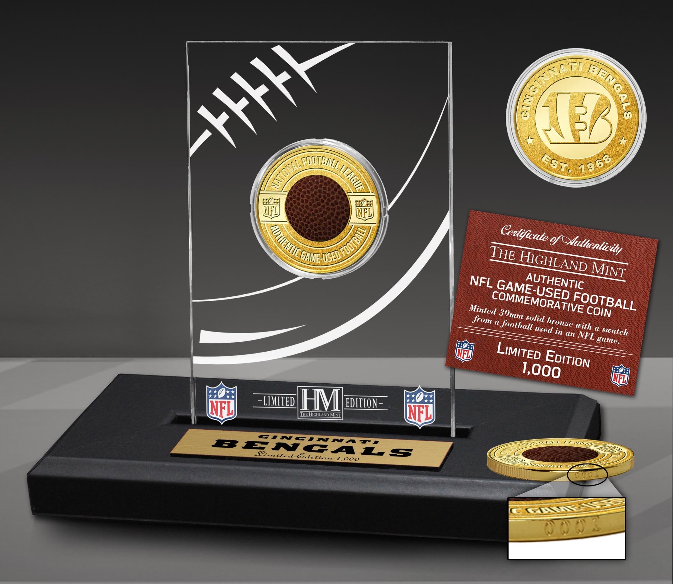 Cincinnati Bengals Game Used NFL Football Bronze Coin in Commemorative Display