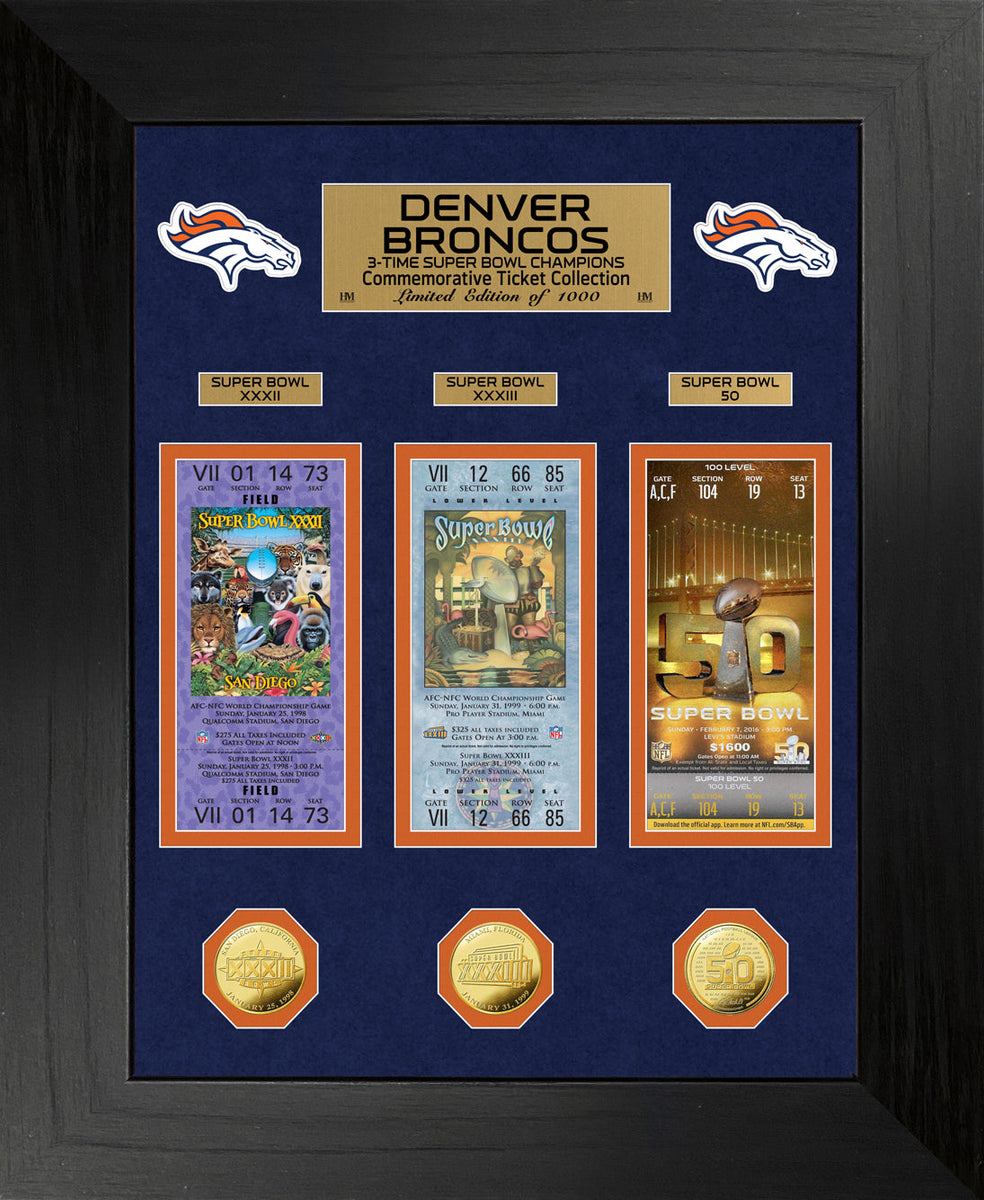 Denver Broncos 3-Time Super Bowl Champions Deluxe Gold Coin & Ticket C