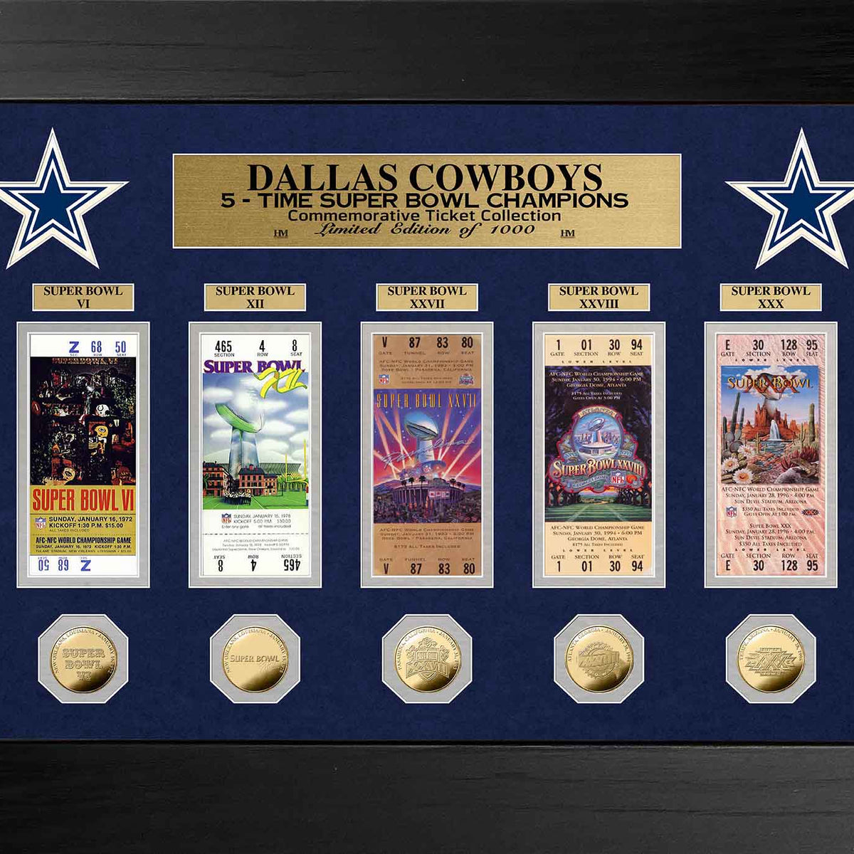 Dallas Cowboys 5 Time Super Bowl Champions Deluxe Gold Coin & Ticket C