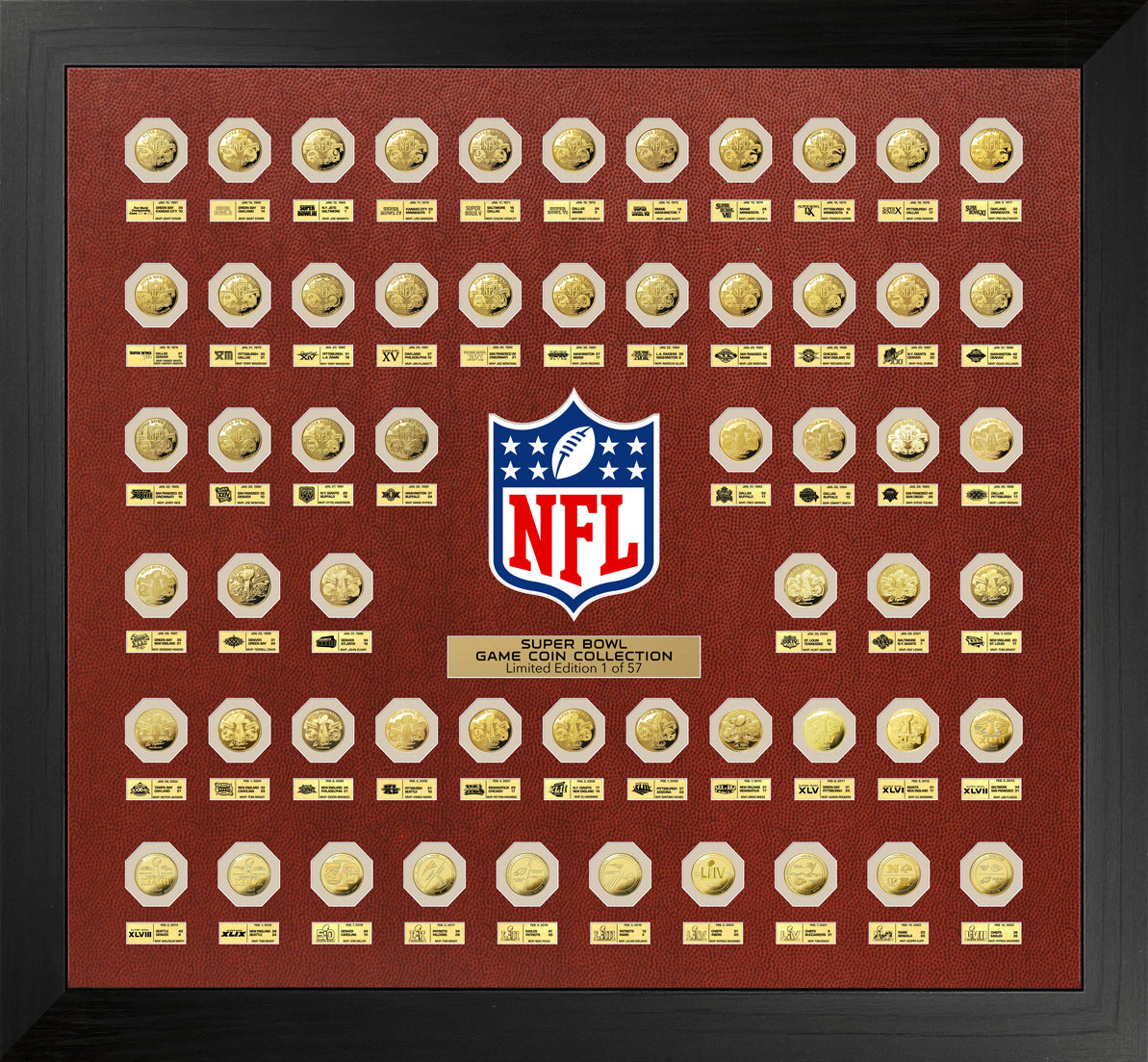 NFL 57 Super Bowl Flip Coin Collection Framed