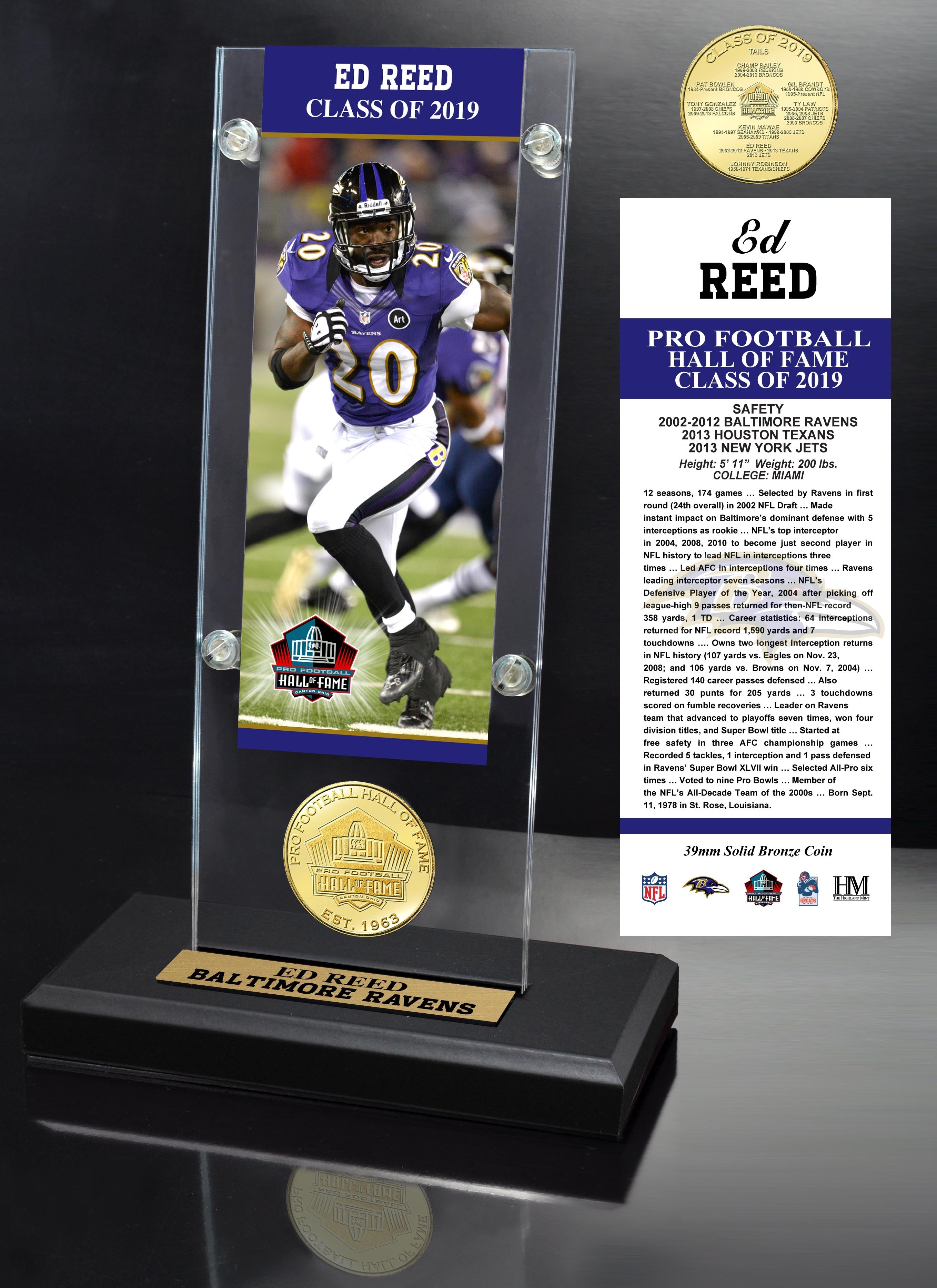 Ed Reed Hall of Fame 2019 Bronze Coin Acrylic Desk Top