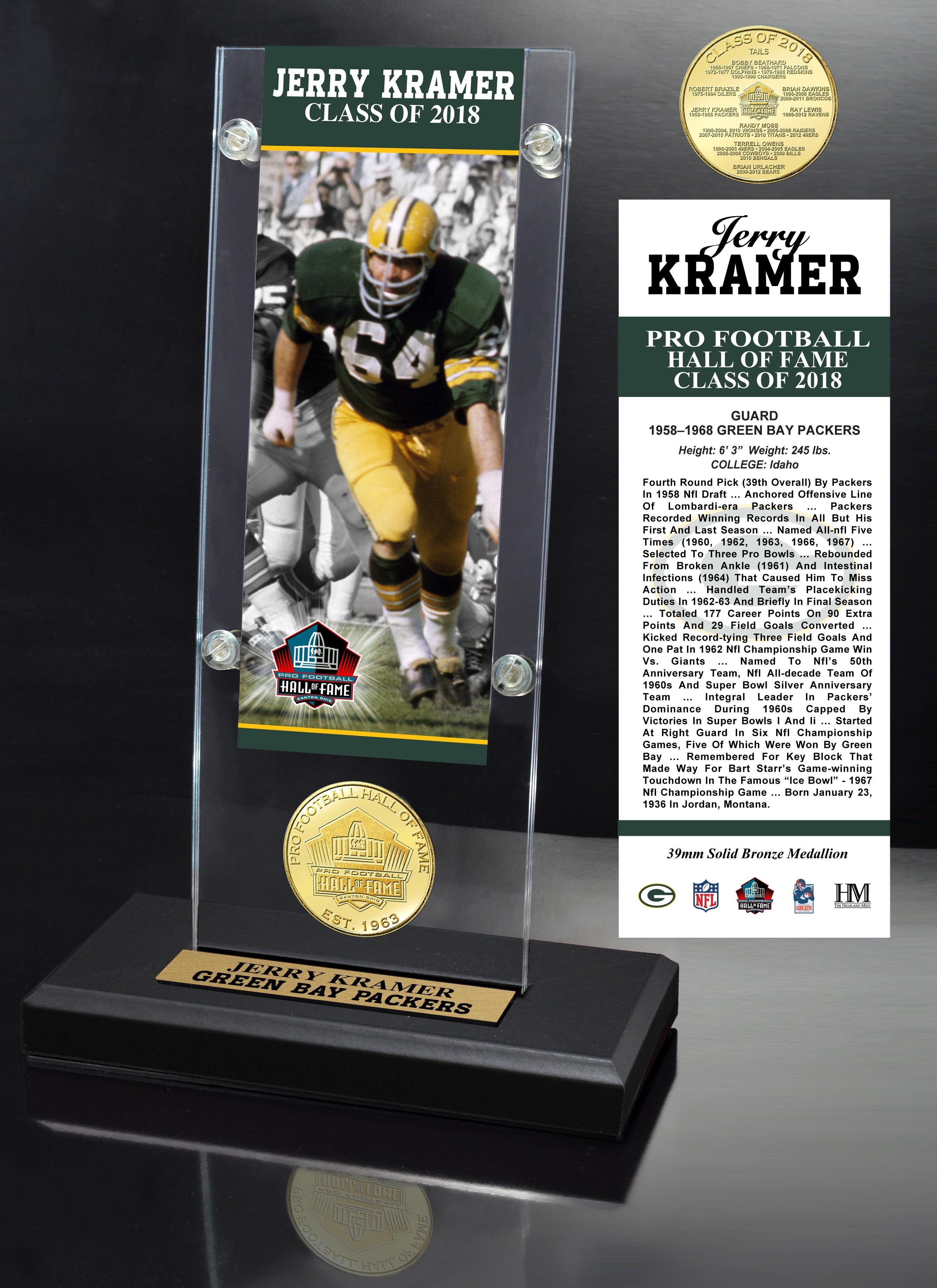 Jerry Kramer 2018 Pro Football HOF Induction Ticket & Bronze Coin Acrylic Desk Top