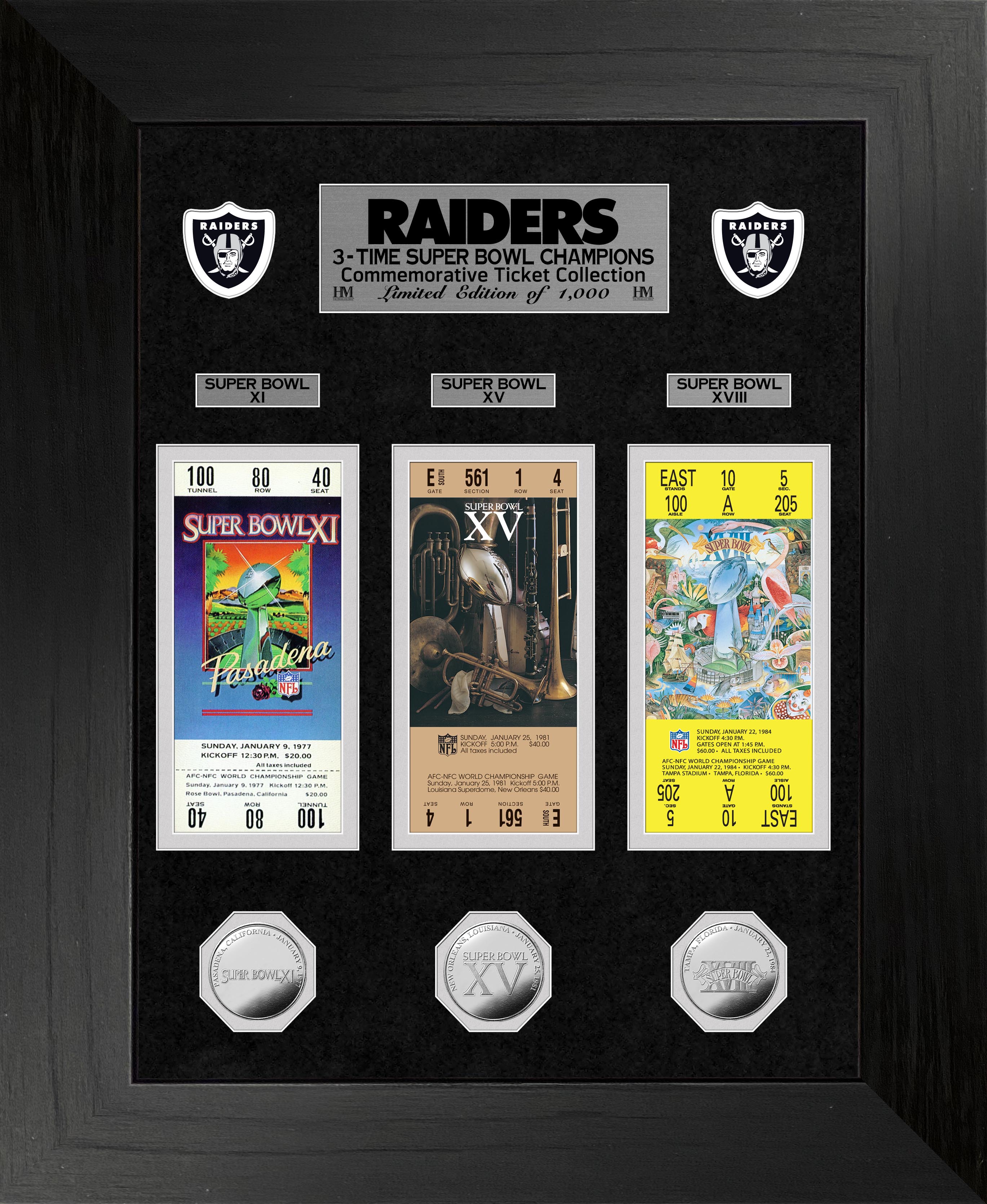Raiders 3-Time Super Bowl Champions Silver Coin & Ticket Collection