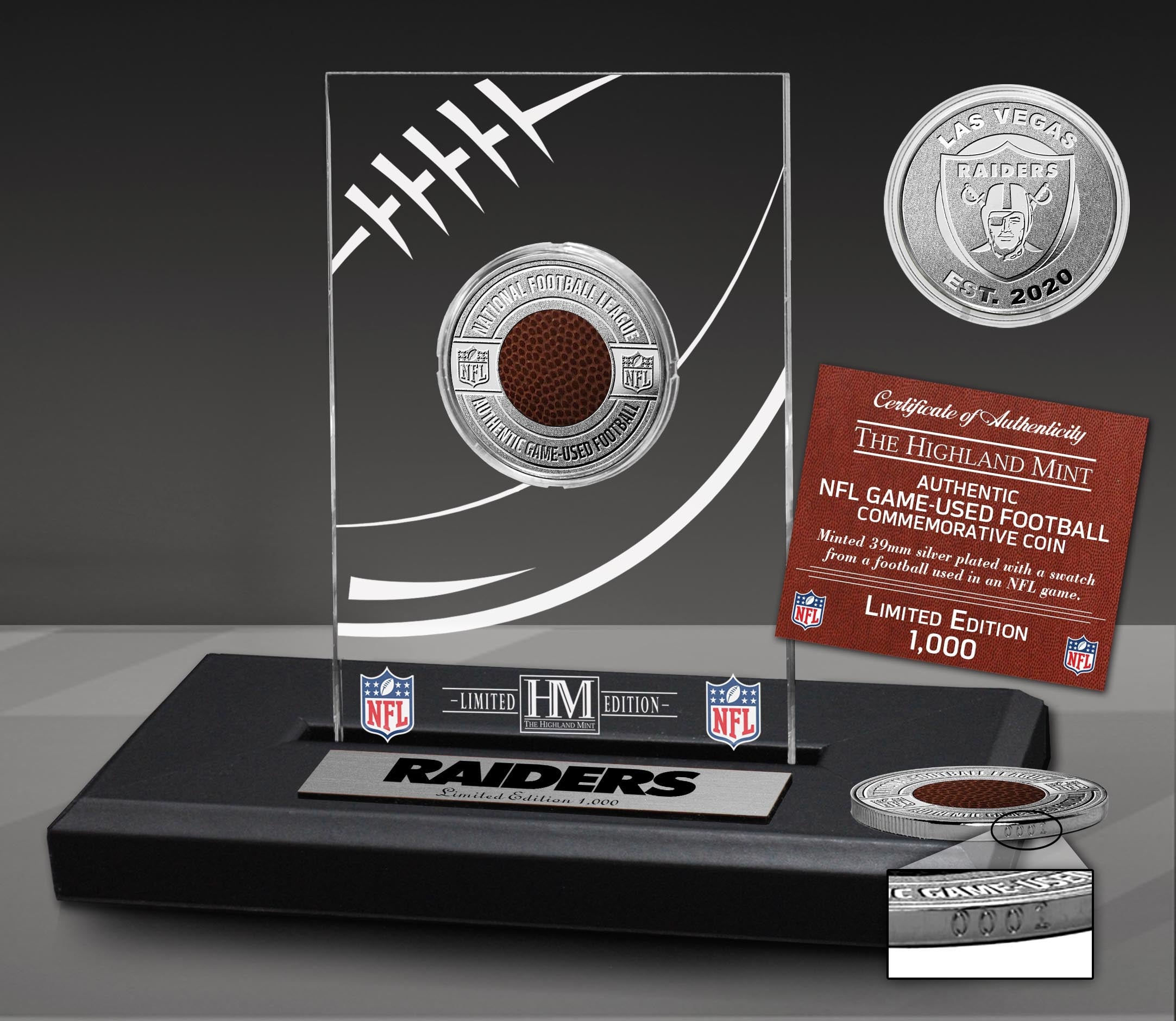 Las Vegas Raiders Game Used NFL Football Silver Plated Coin in Commemorative Display