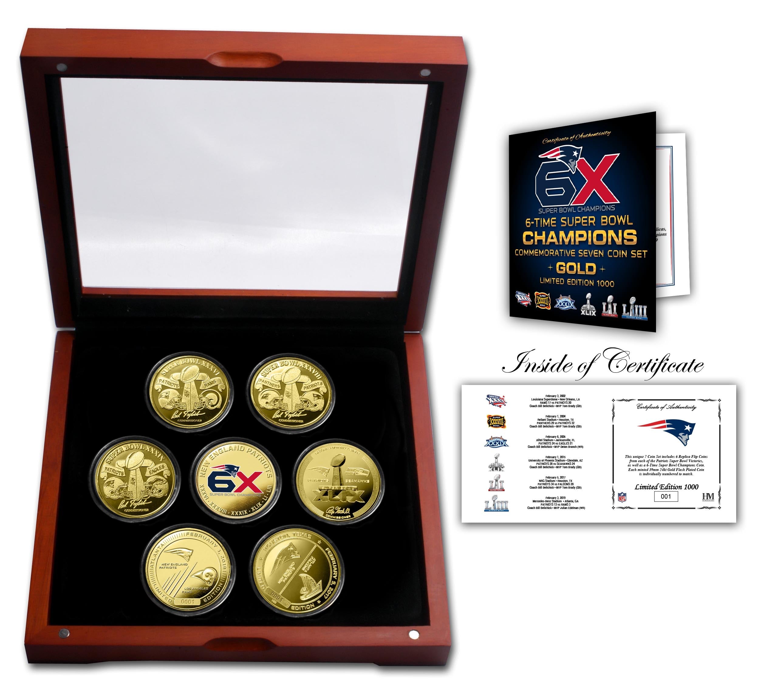 New England Patriots 6x Super Bowl Champions Gold 7-Coin Set
